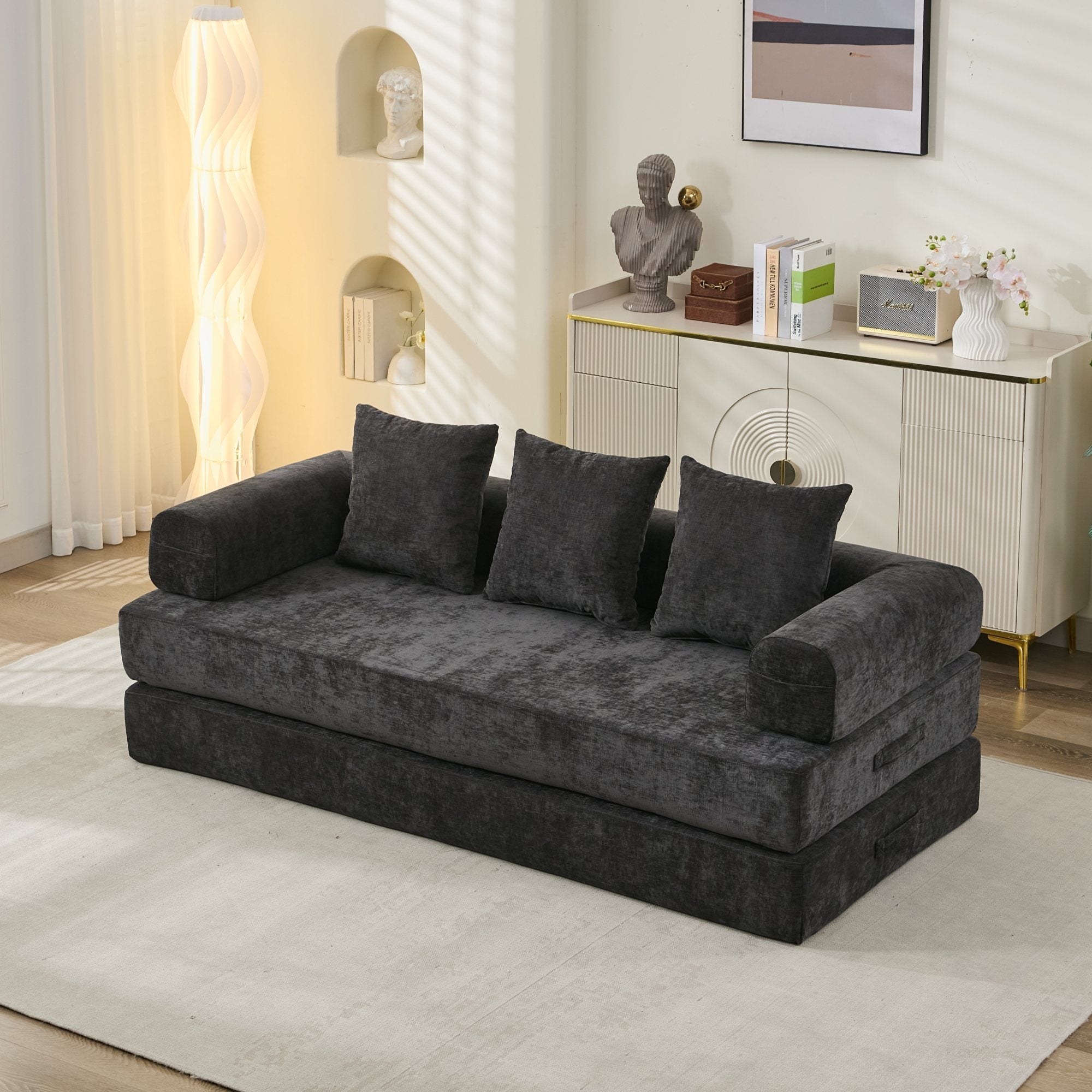 Comfy Convertible Folding Mattress Couch, Floor Sofa Bed, Chenille Floor Sofa with Armrest, Floor Sofa Lounge Couch for Living Room Bedroom Lounge Studio-Black