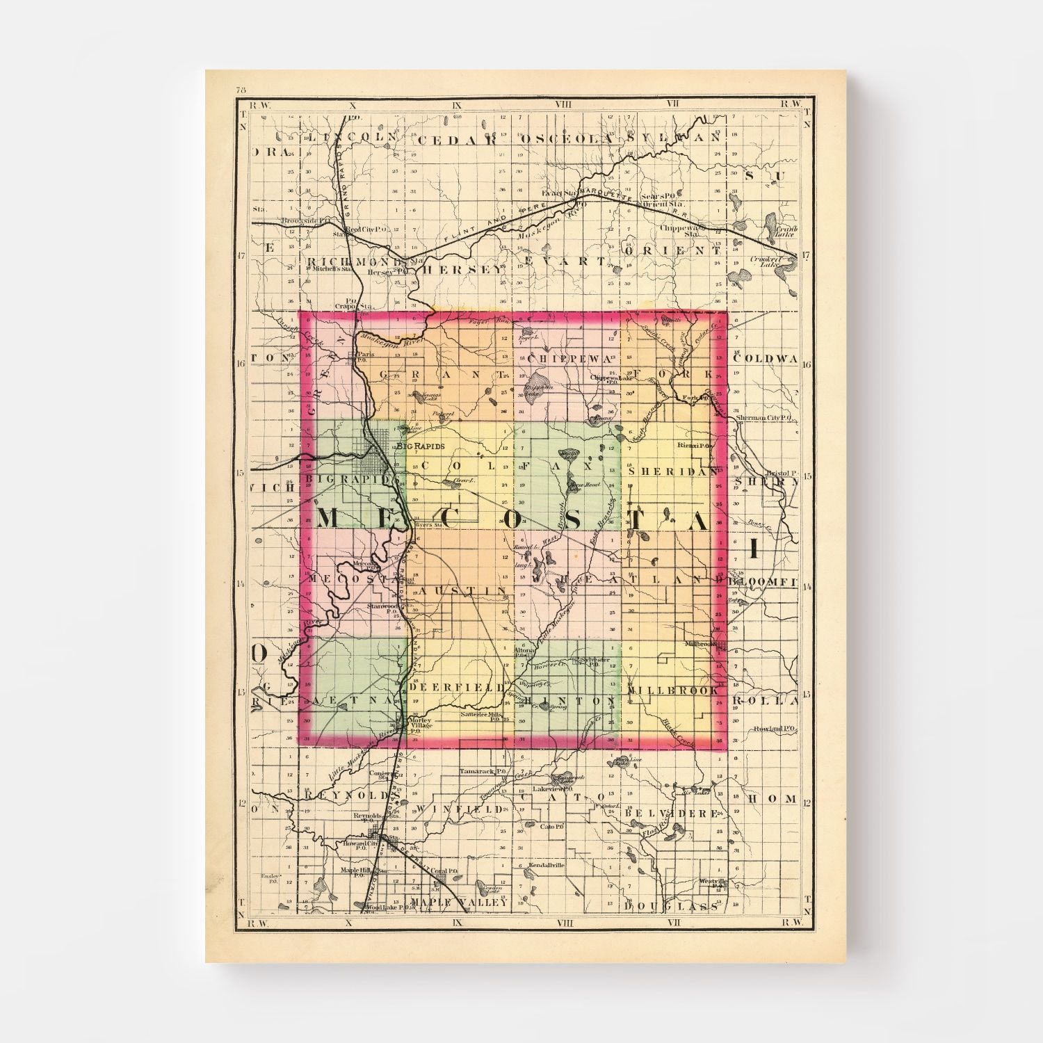 Vintage Map of Mecosta County, Michigan 1873