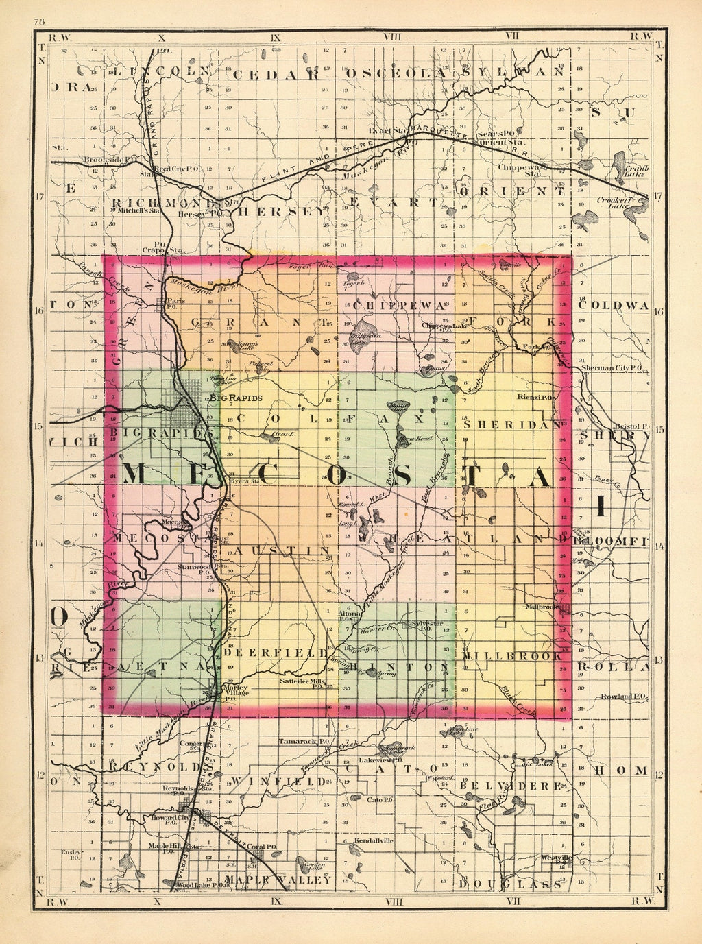 Vintage Map of Mecosta County, Michigan 1873
