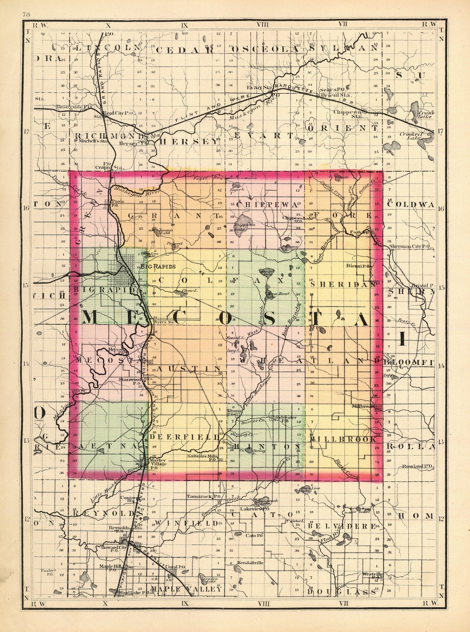 Vintage Map of Mecosta County, Michigan 1873