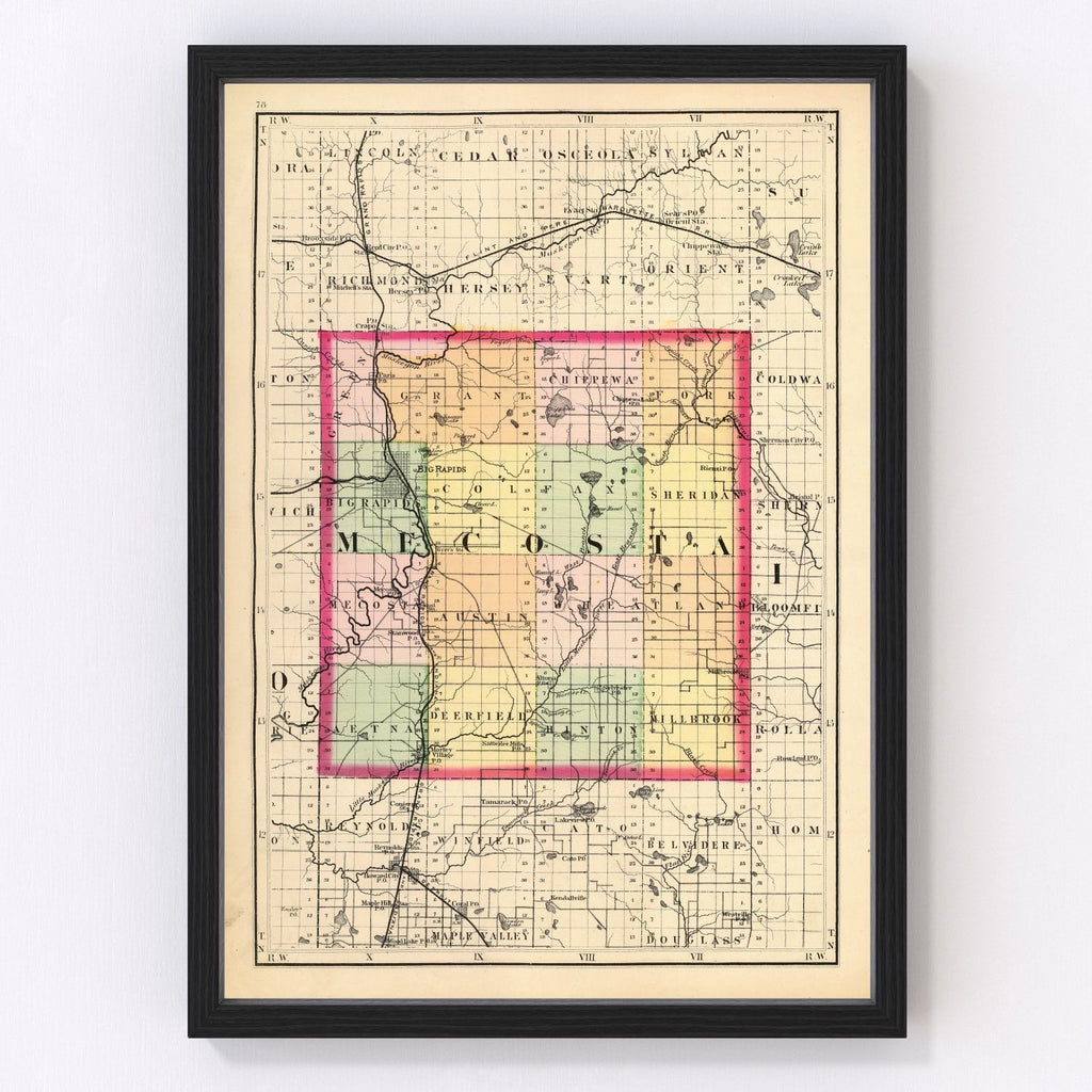 Vintage Map of Mecosta County, Michigan 1873