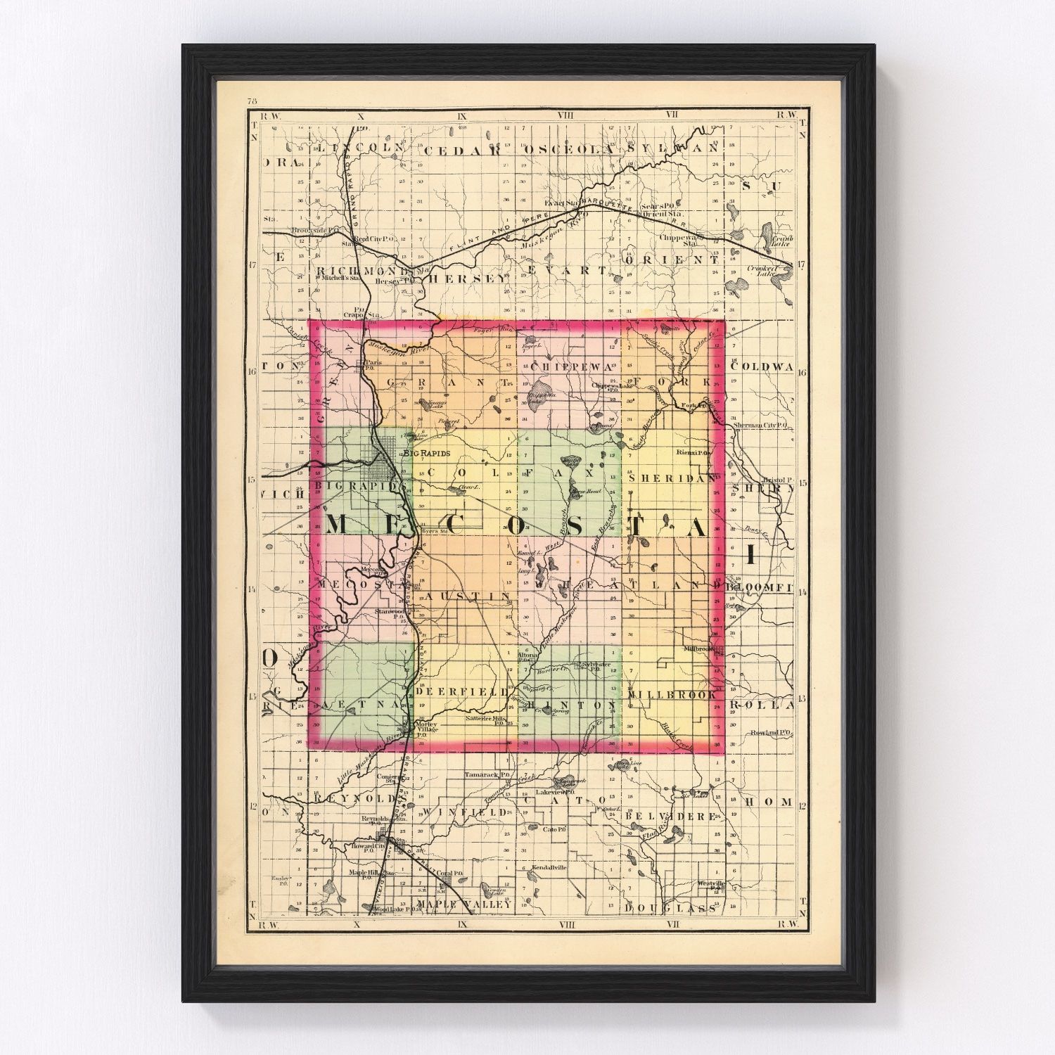 Vintage Map of Mecosta County, Michigan 1873