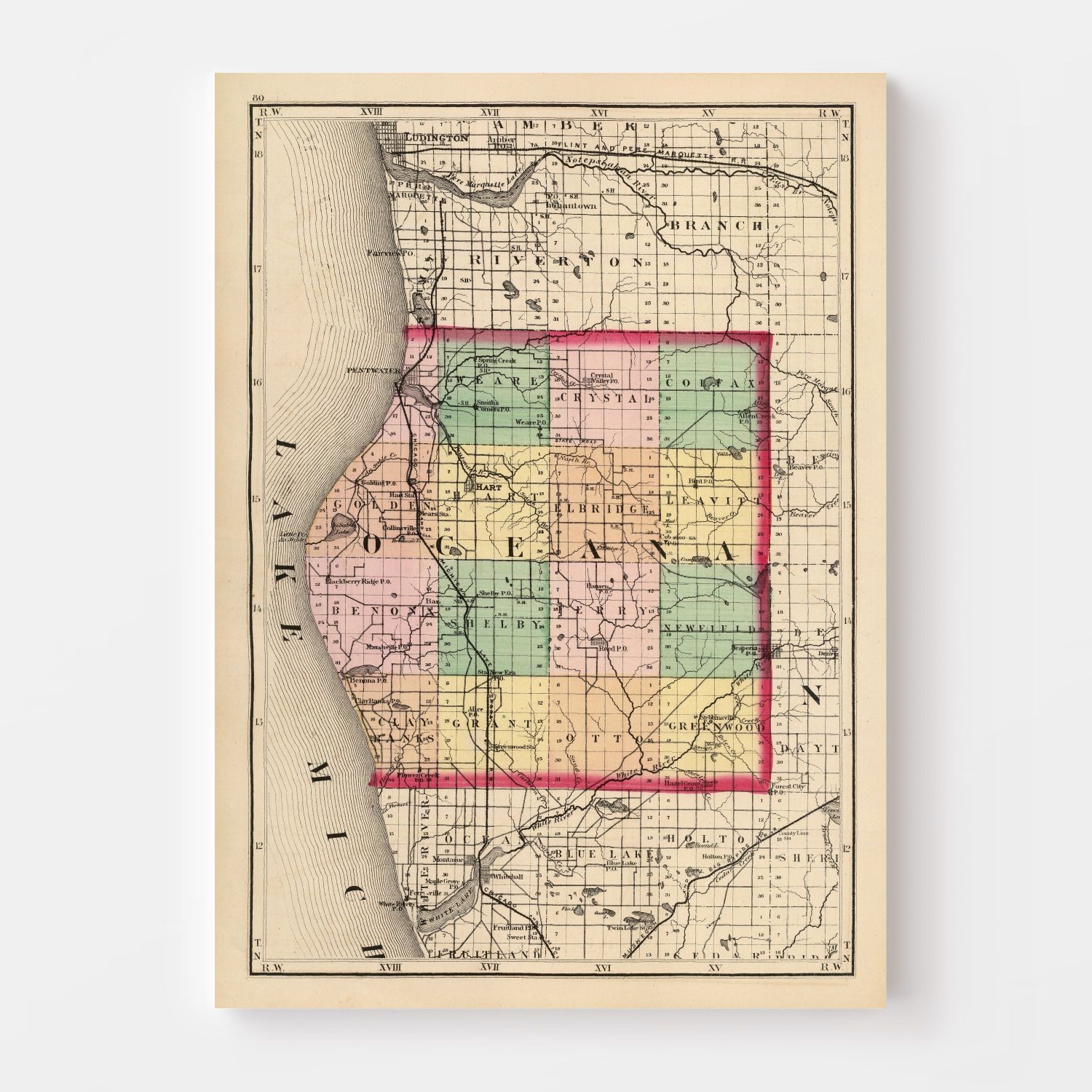 Vintage Map of Oceana County, Michigan 1873