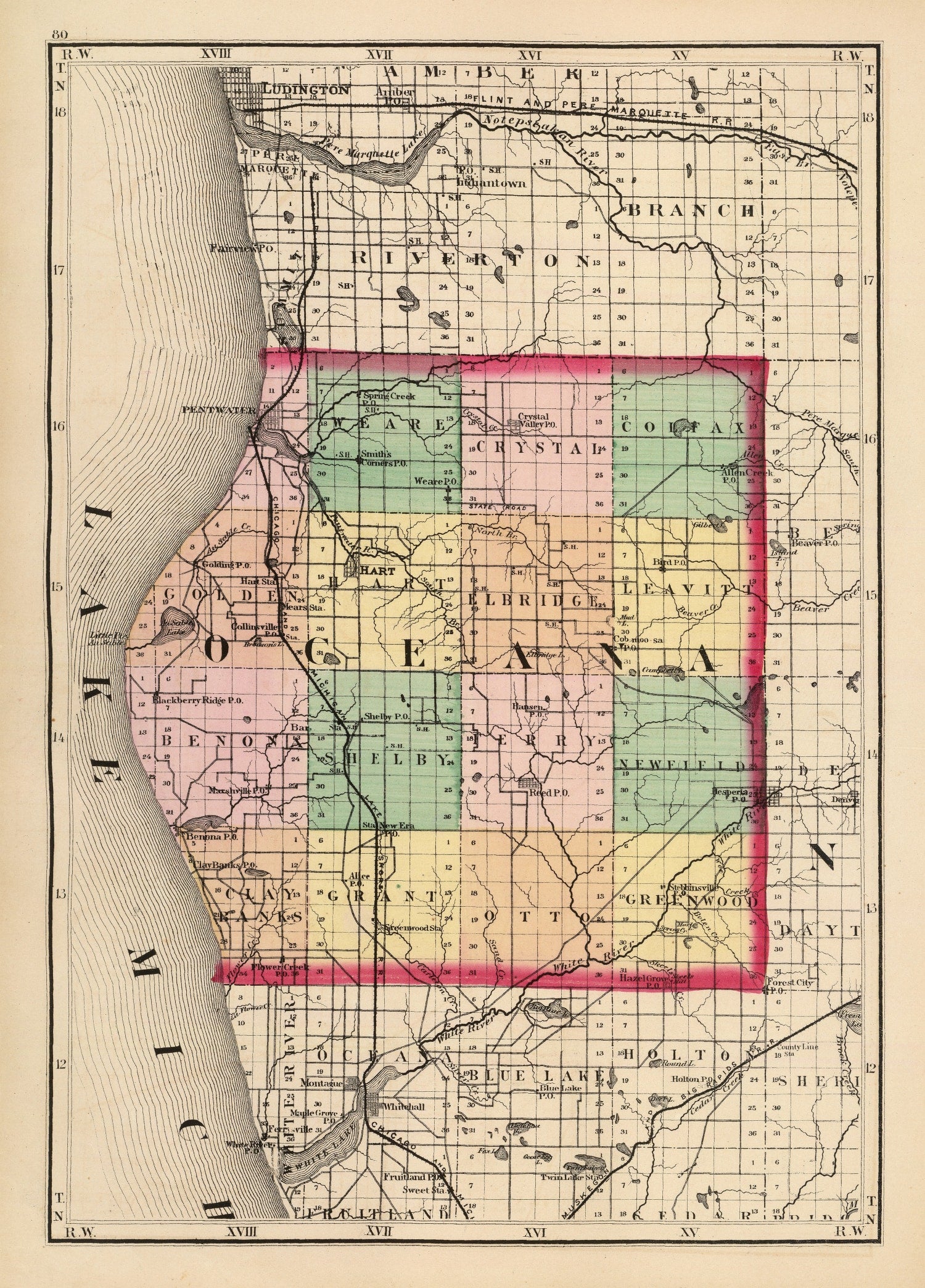 Vintage Map of Oceana County, Michigan 1873