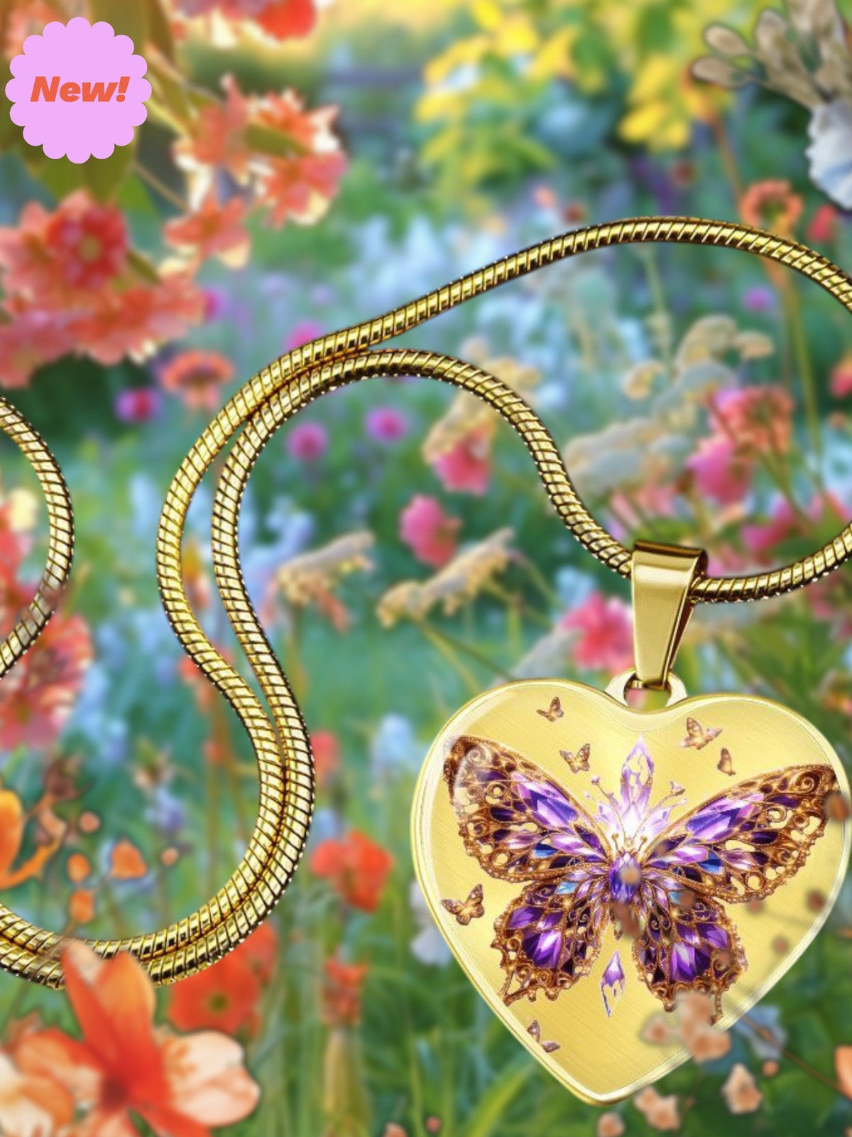 Crystal Purple Butterfly Heart Shaped Necklace with Engraving
