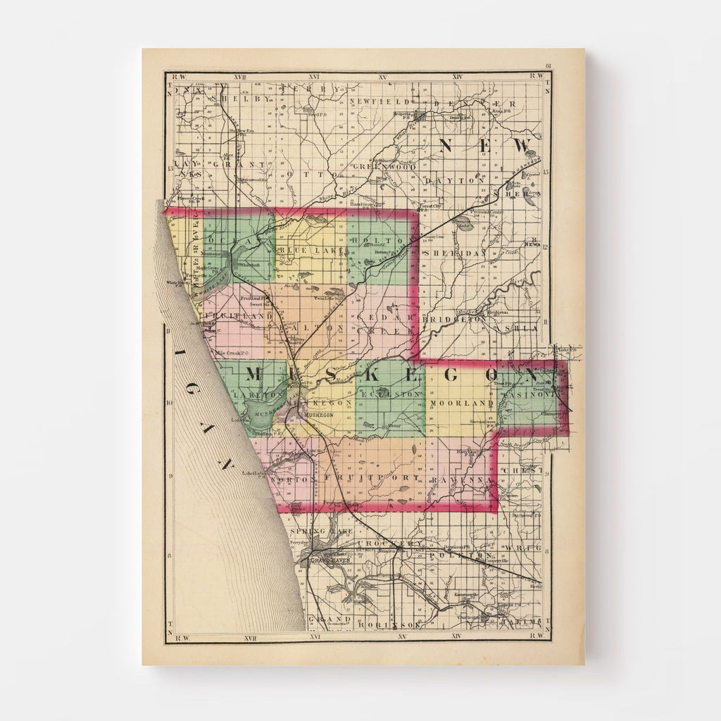 Vintage Map of Muskegon County, Michigan 1873