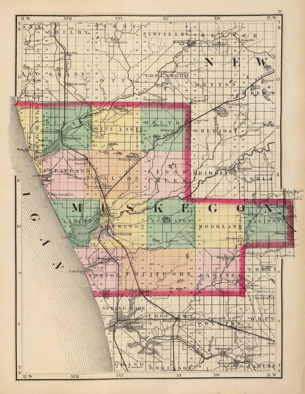 Vintage Map of Muskegon County, Michigan 1873