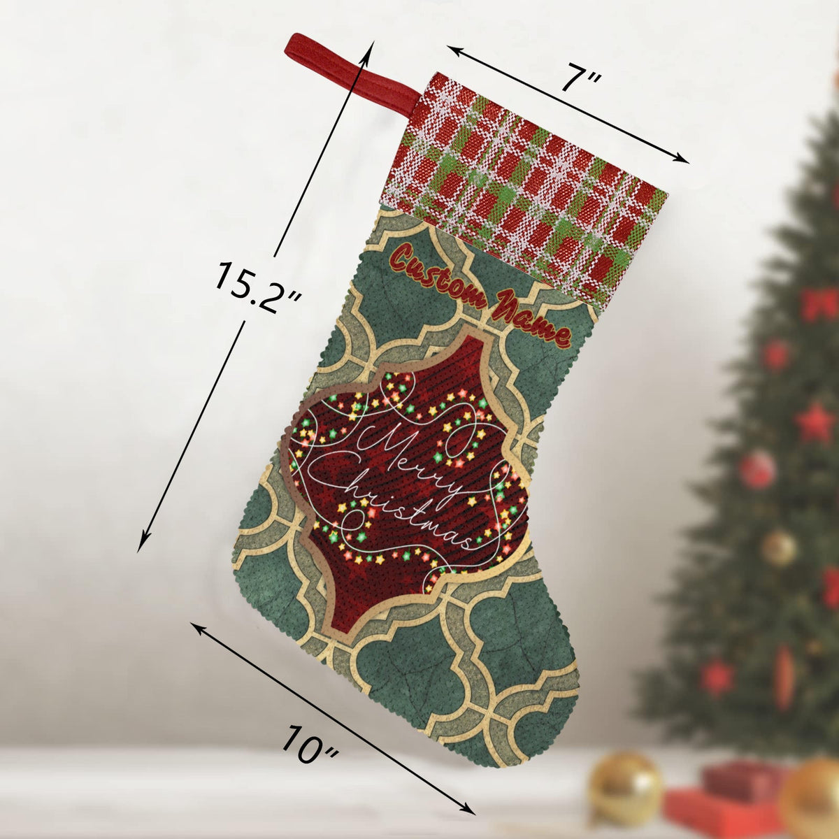 Merry Christmas Arabasque Tile Sequin Christmas Stocking (Made in USA)