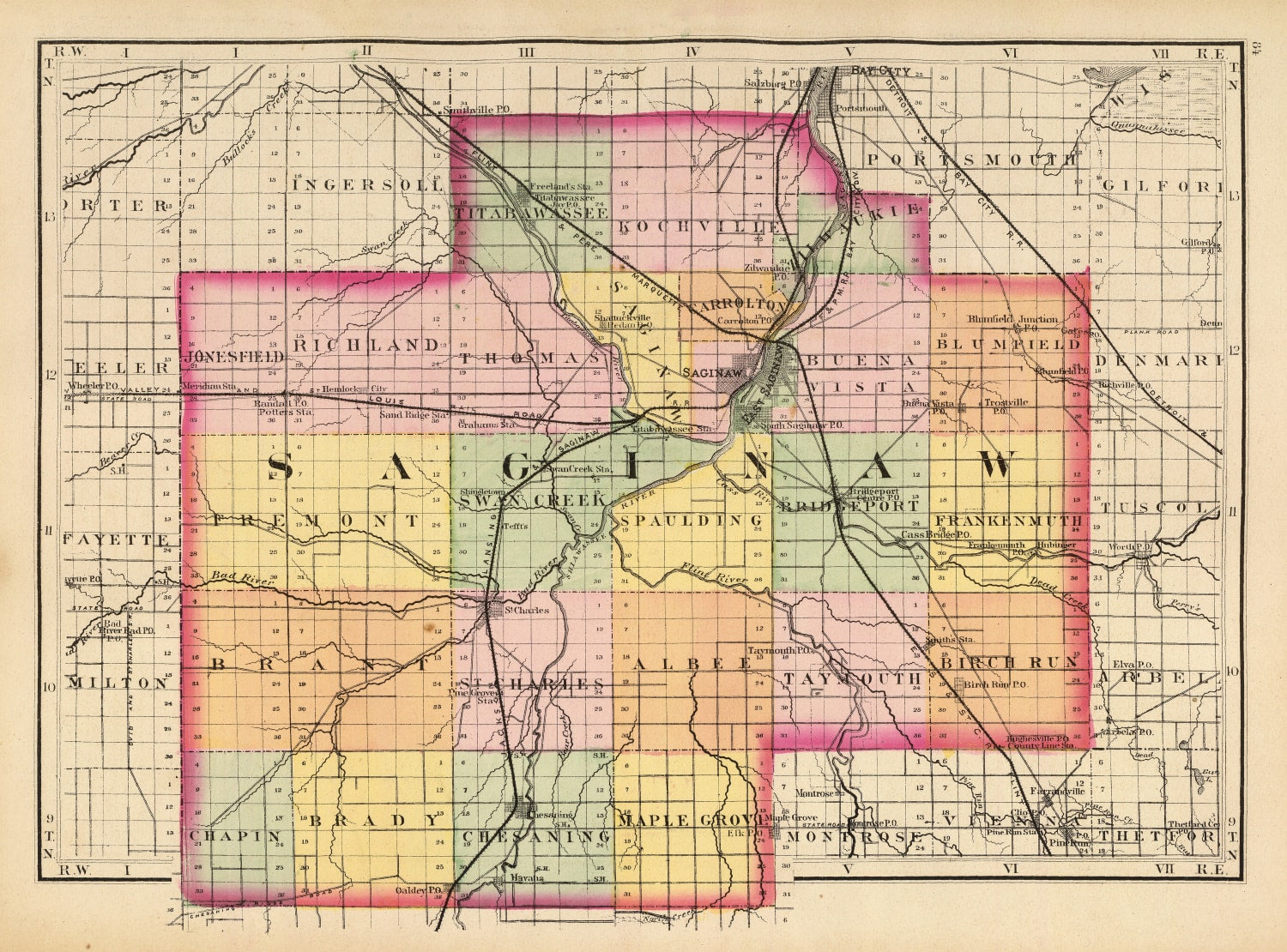 Vintage Map of Saginaw County, Michigan 1873