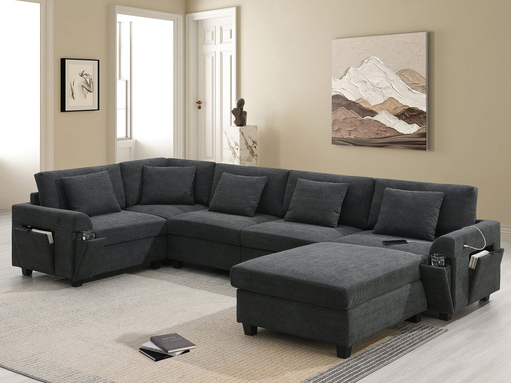 Chenille U Shaped Sectional Sofa with Ottoman and Storage, USB Ports, 2 Colors