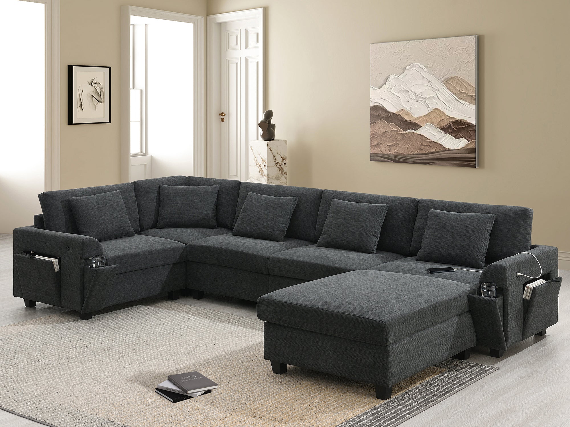 Chenille U Shaped Sectional Sofa with Ottoman and Storage, USB Ports, 2 Colors