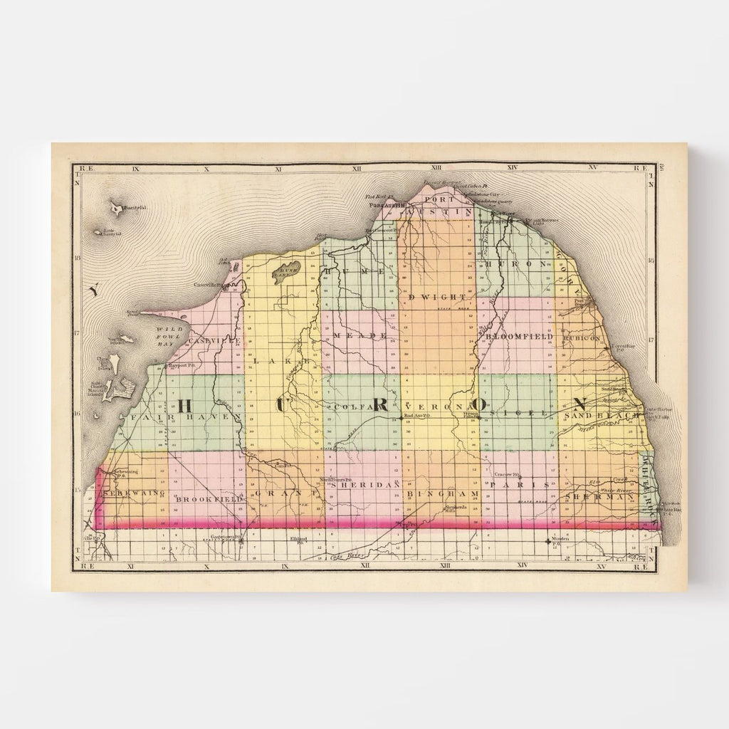 Vintage Map of Huron County, Michigan 1873
