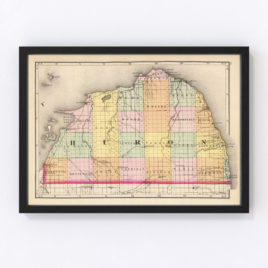 Vintage Map of Huron County, Michigan 1873