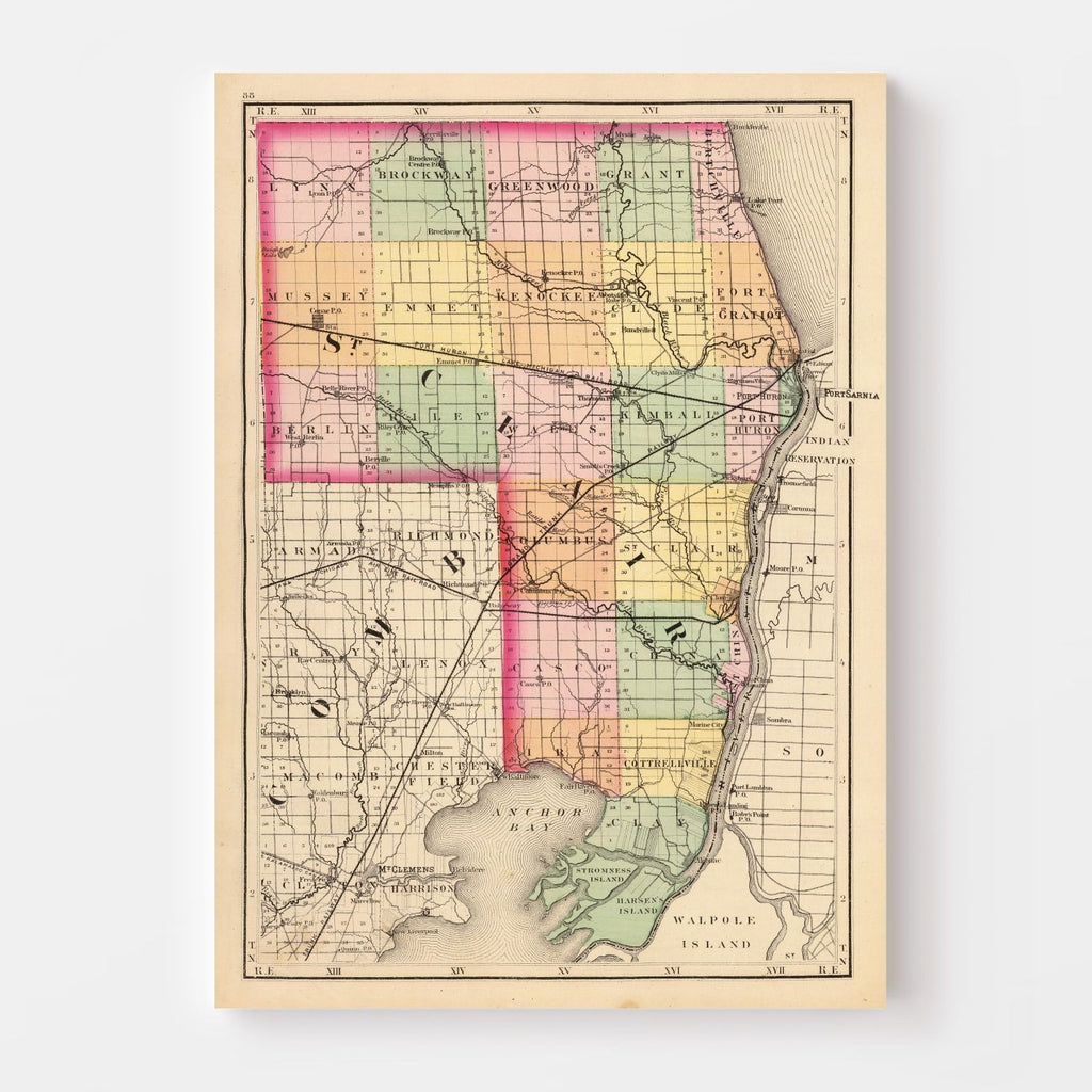 Vintage Map of St. Clair County, Michigan 1873