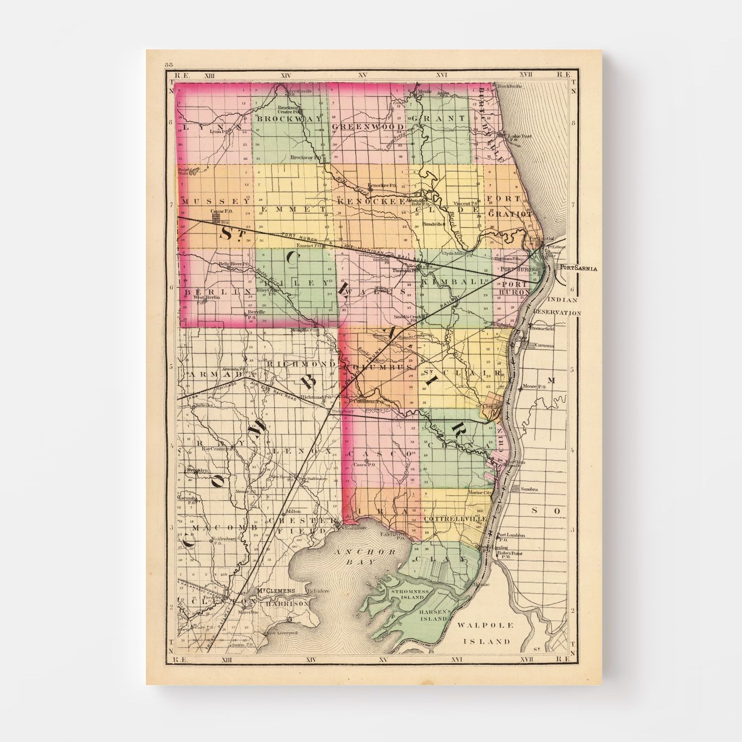Vintage Map of St. Clair County, Michigan 1873