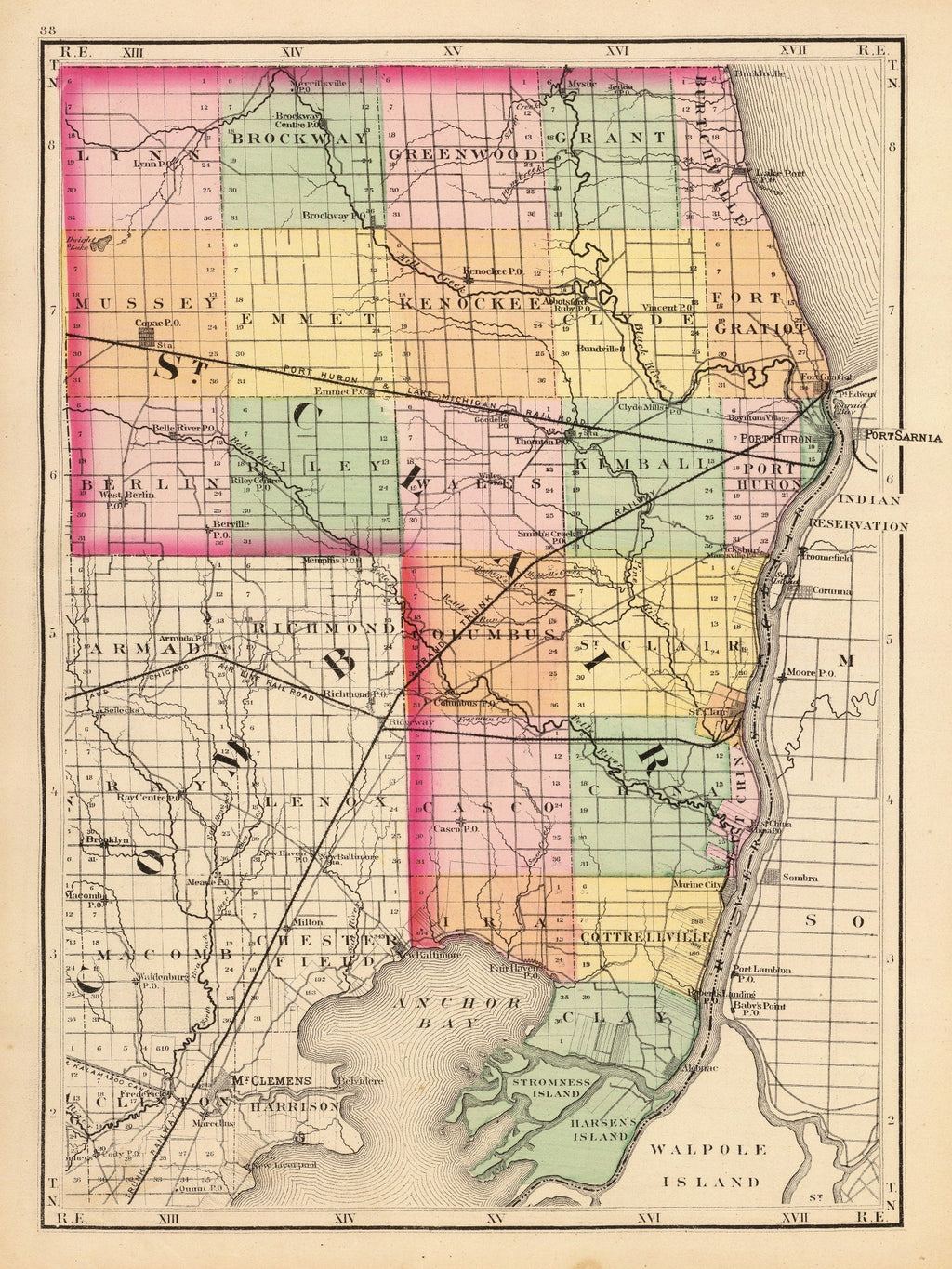 Vintage Map of St. Clair County, Michigan 1873