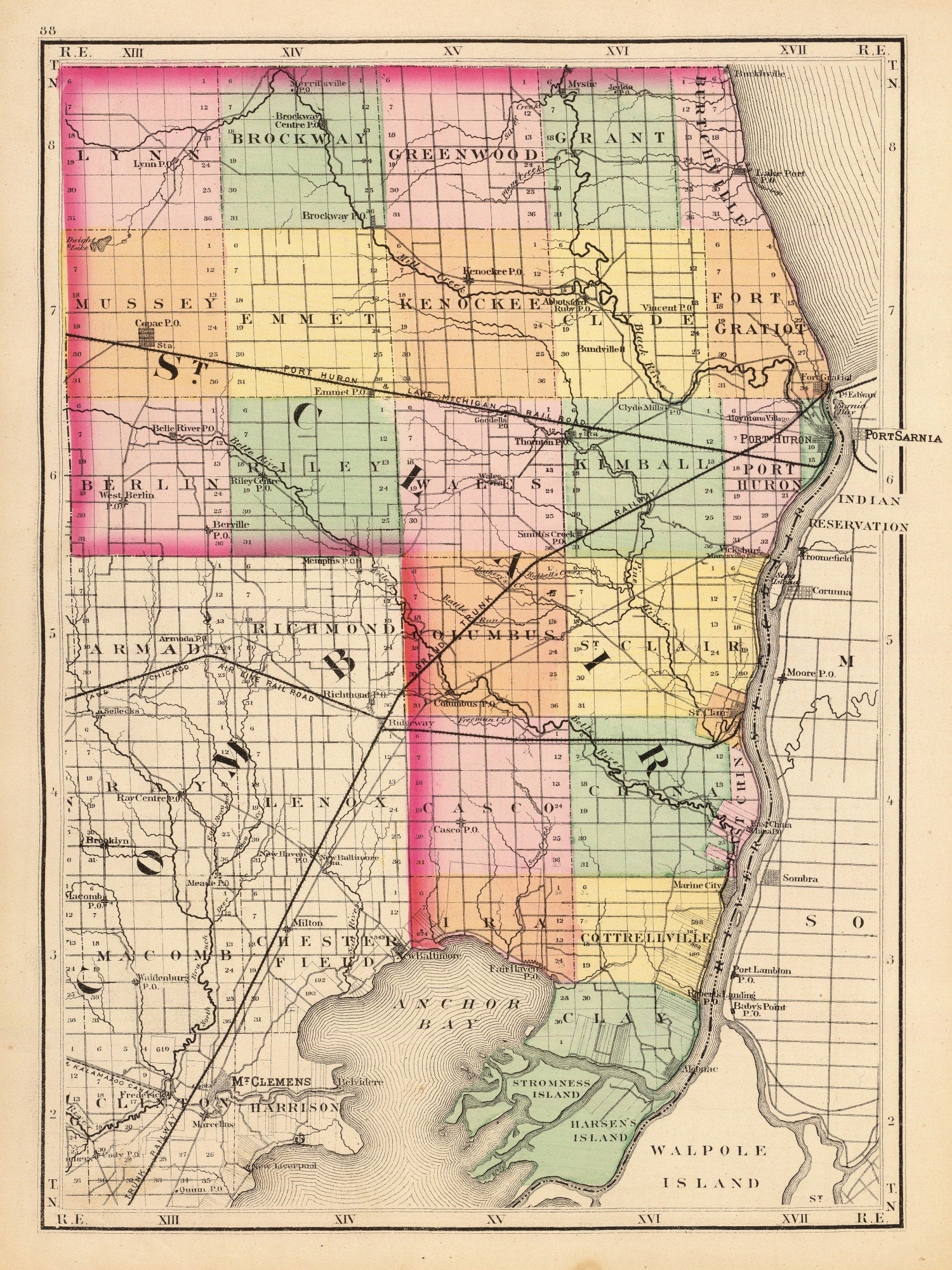 Vintage Map of St. Clair County, Michigan 1873
