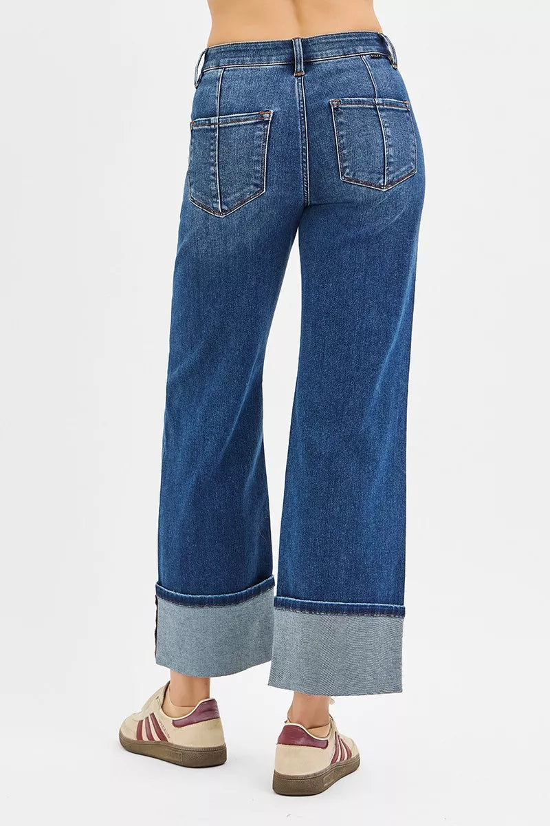 Risen Plus Size High Rise Crop Wide Straight Cuffed Jeans