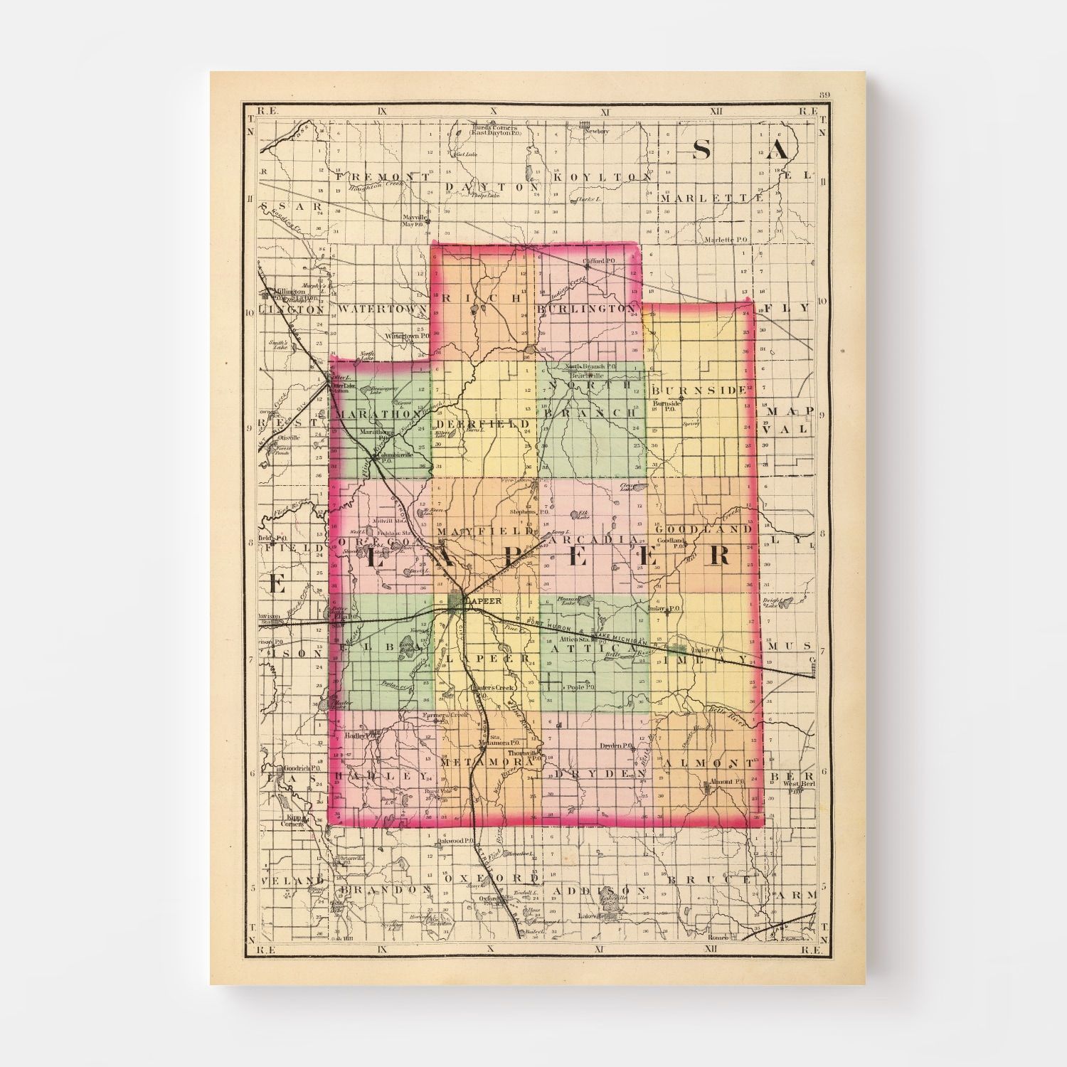 Vintage Map of Lapeer County, Michigan 1873