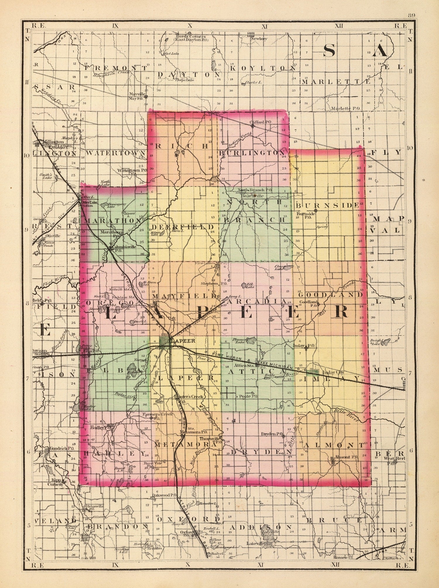 Vintage Map of Lapeer County, Michigan 1873