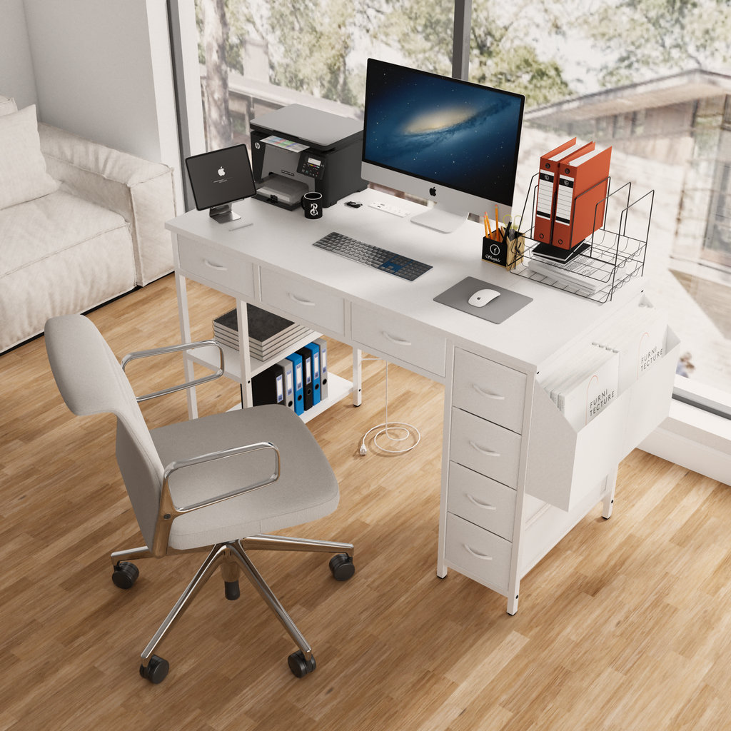 47' Computer Desk With Power Outlet,Writing Desk,Home Office desk,Vanity table with 7 Fabric Drawers, Large Side Pocket,White