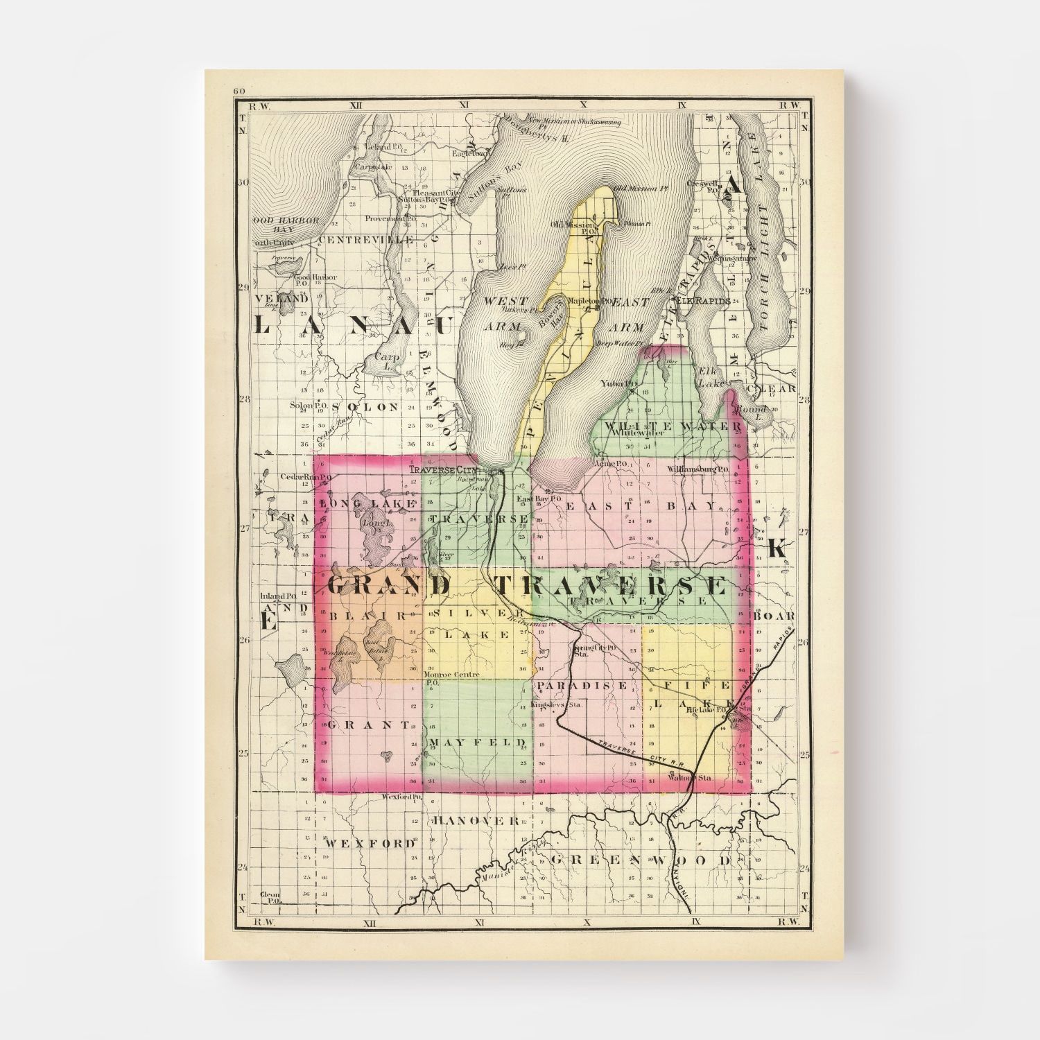 Vintage Map of Grand Traverse County, Michigan 1873