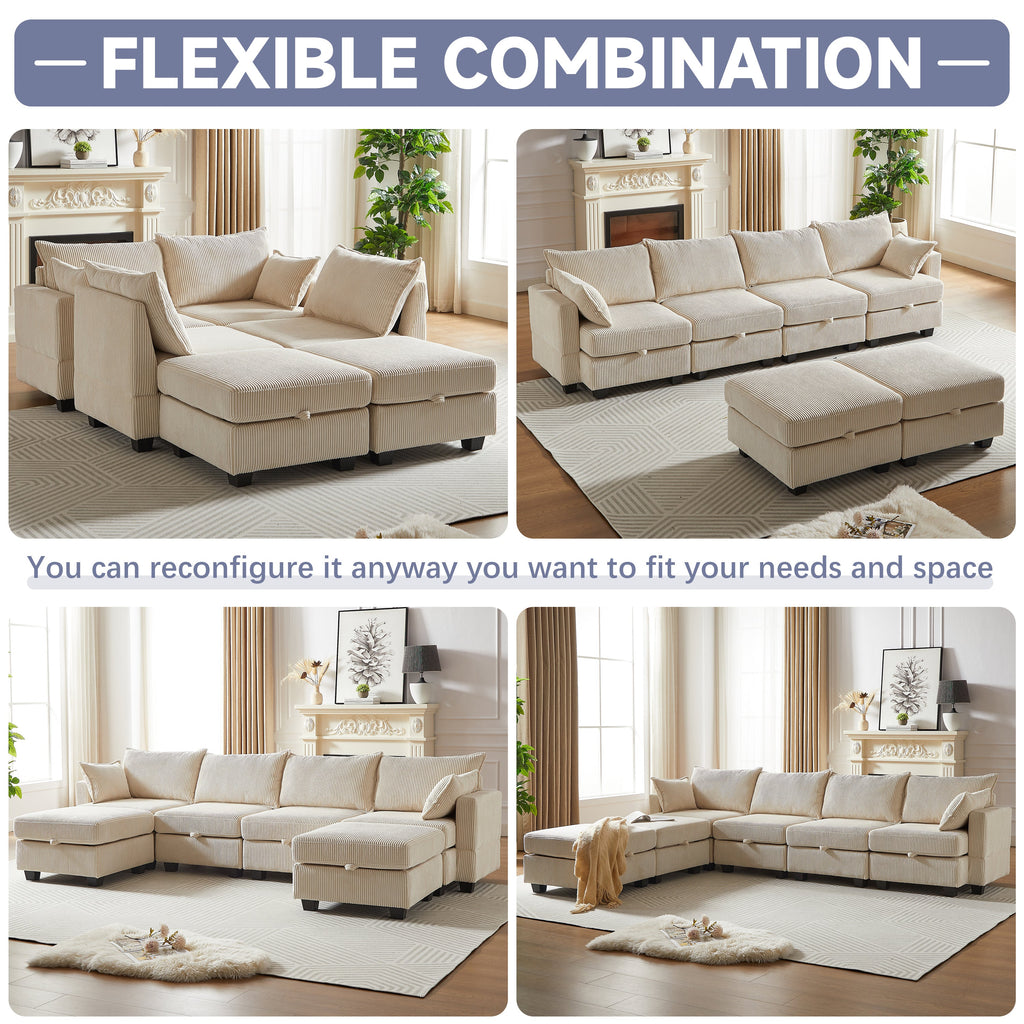 113.5'' Modular Sectiona Corduroy Sofa, Sectional Couches for Living Room U Shaped Sectional Couch with Storage Ottoman, 6 Seats Convertible Sectionals with Chaise