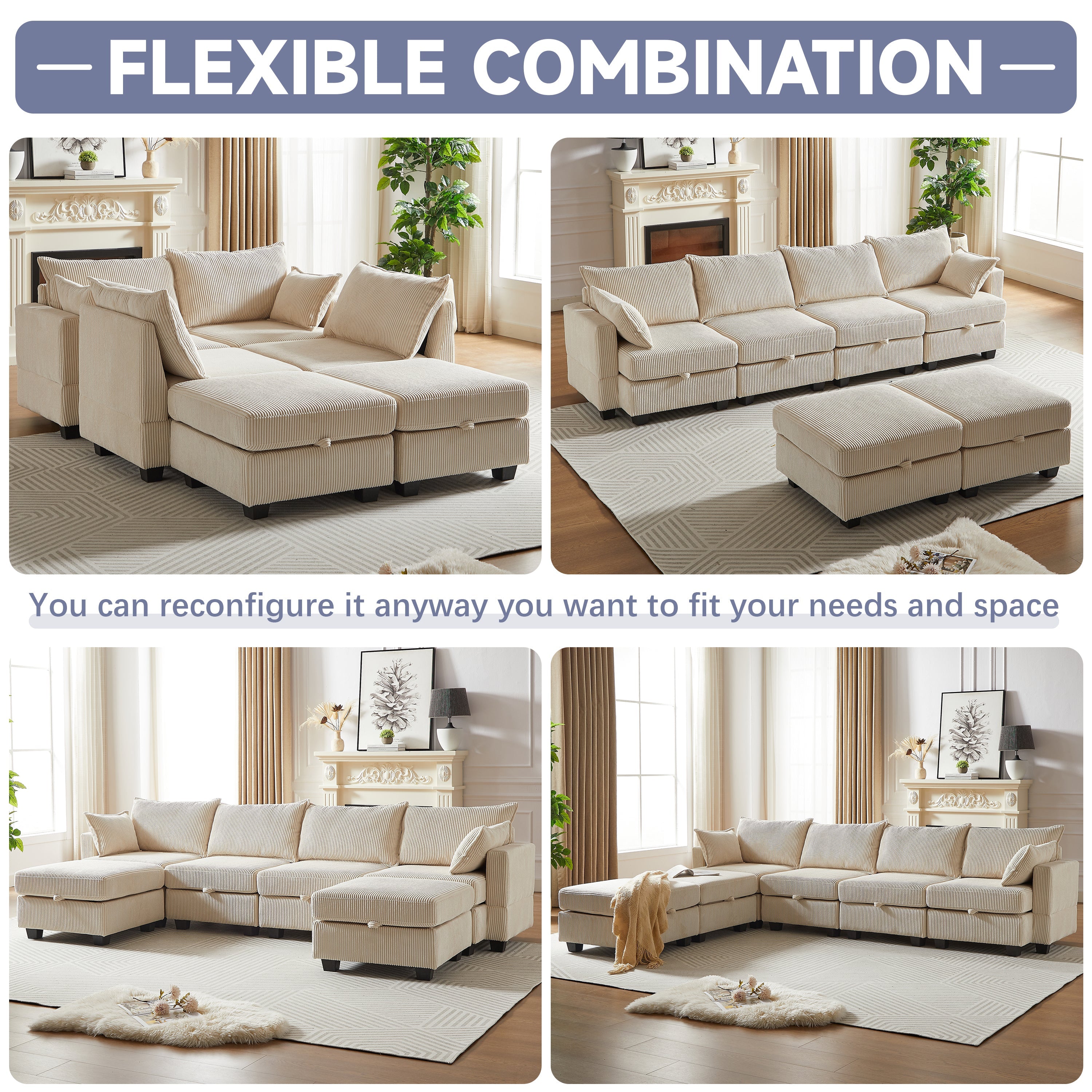 113.5'' Modular Sectiona Corduroy Sofa, Sectional Couches for Living Room U Shaped Sectional Couch with Storage Ottoman, 6 Seats Convertible Sectionals with Chaise