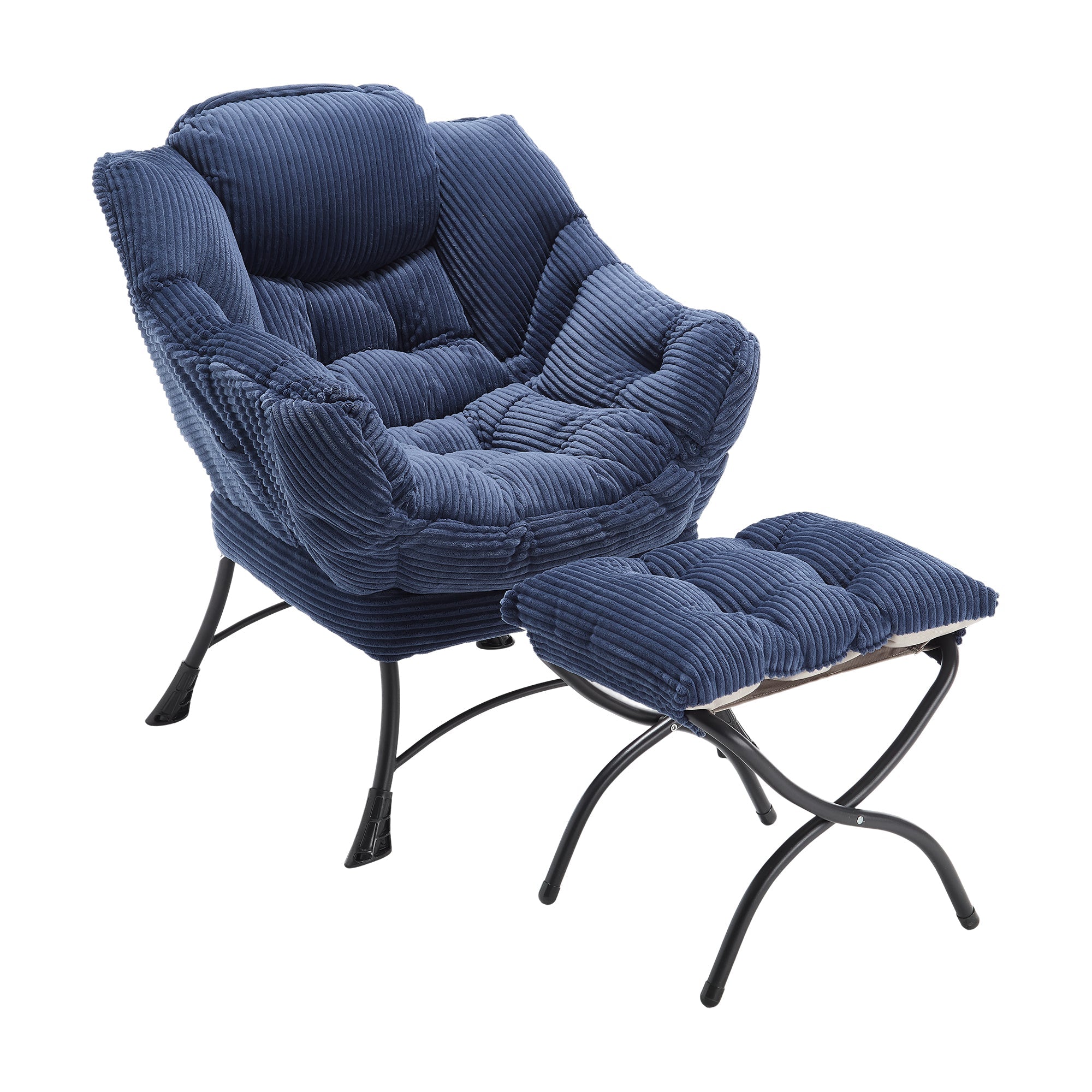 Lazy Chair with Ottoman, Modern Lounge Accent Chair with Armrests and a Side Pocket, Leisure Upholstered Sofa Chair Reading Chair with Footrest for Small Space, Corner Chair-Navy blue