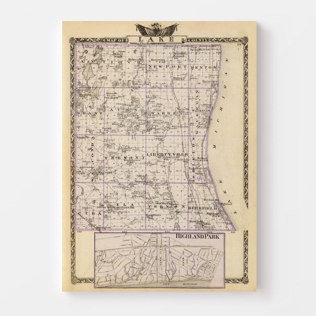 Vintage Map of Lake County, Illinois 1876