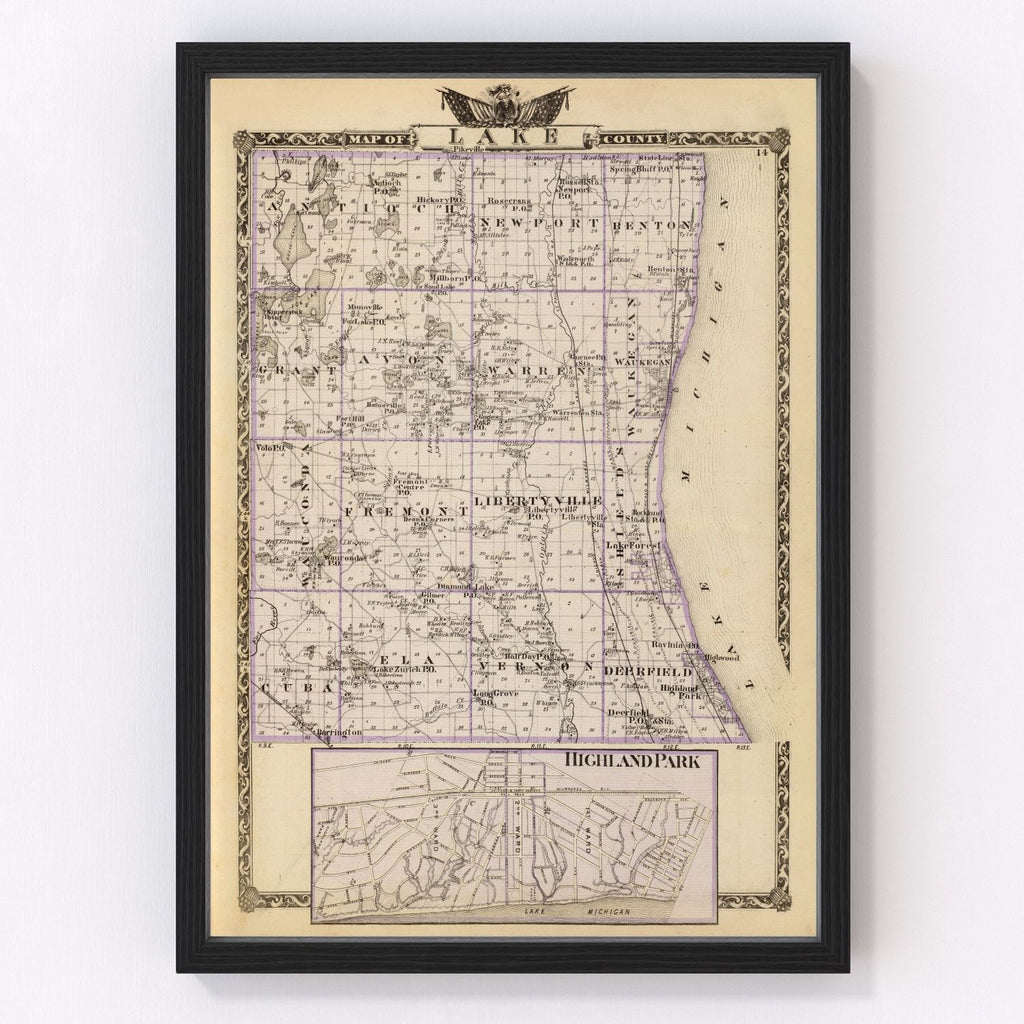 Vintage Map of Lake County, Illinois 1876