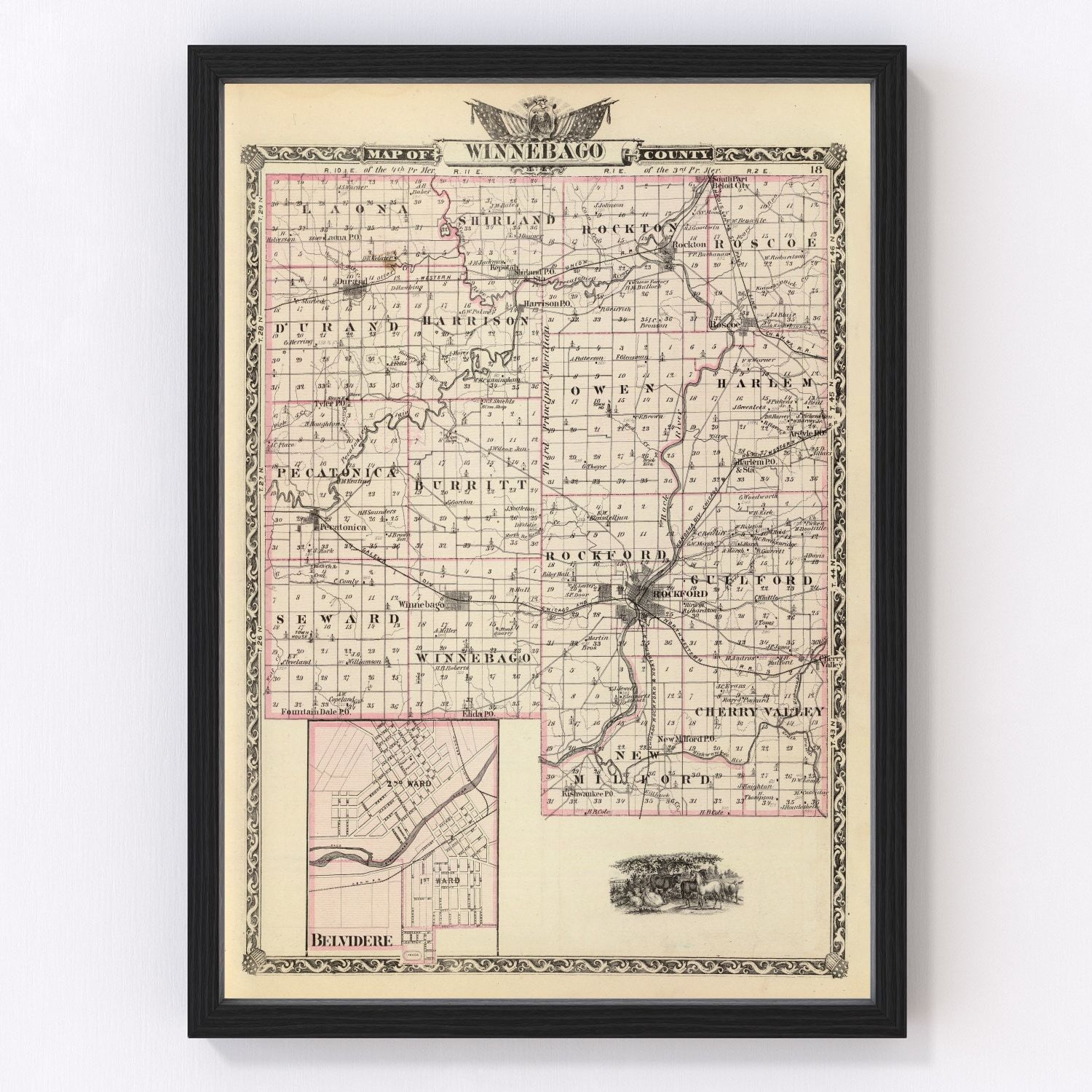 Vintage Map of Winnebago County, Illinois 1876