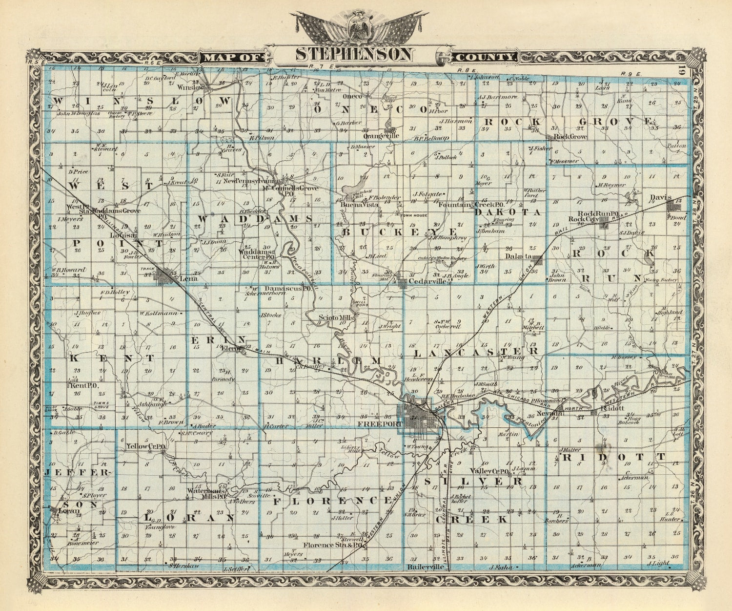 Vintage Map of Stephenson County, Illinois 1876