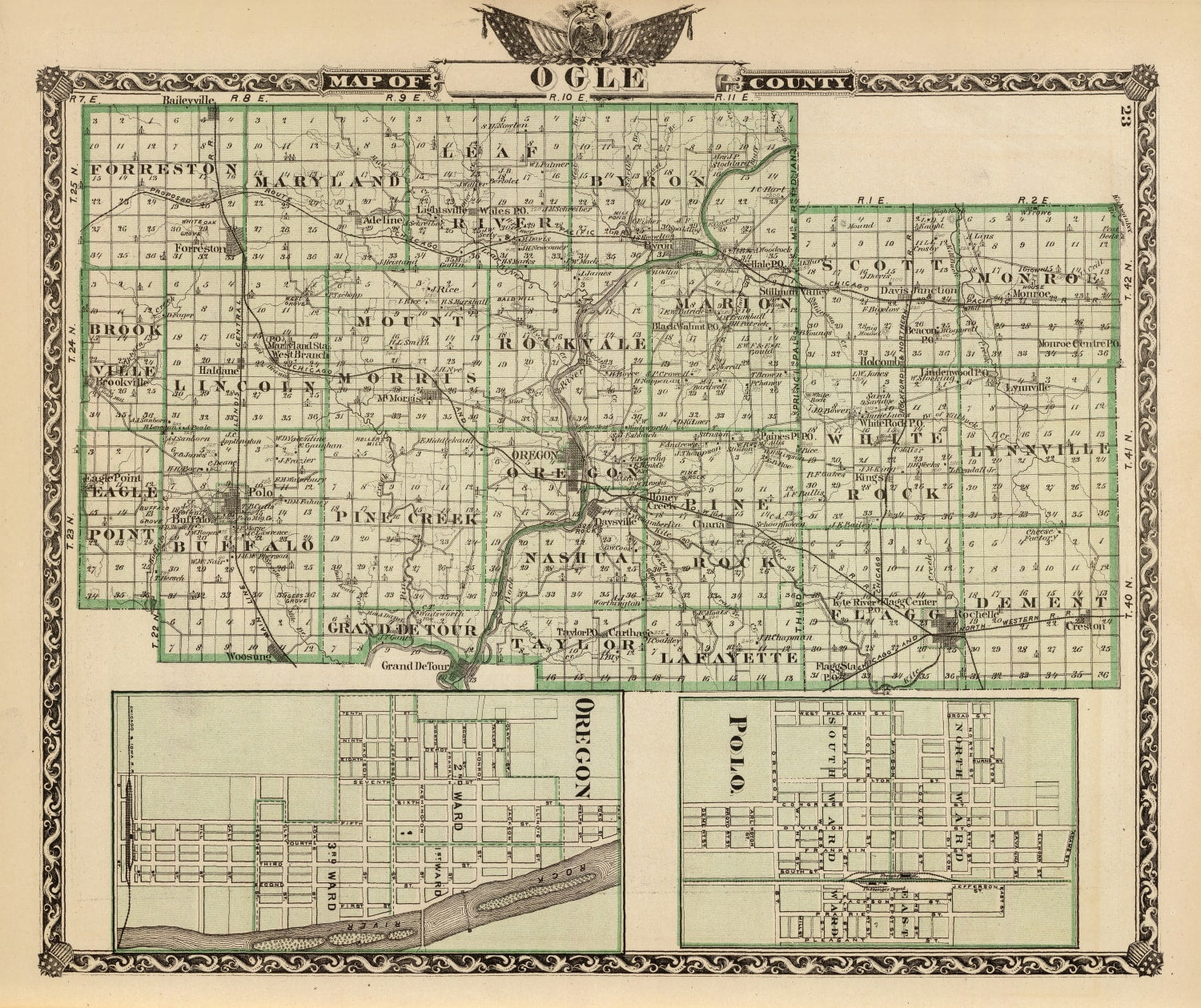 Vintage Map of Ogle County, Illinois 1876