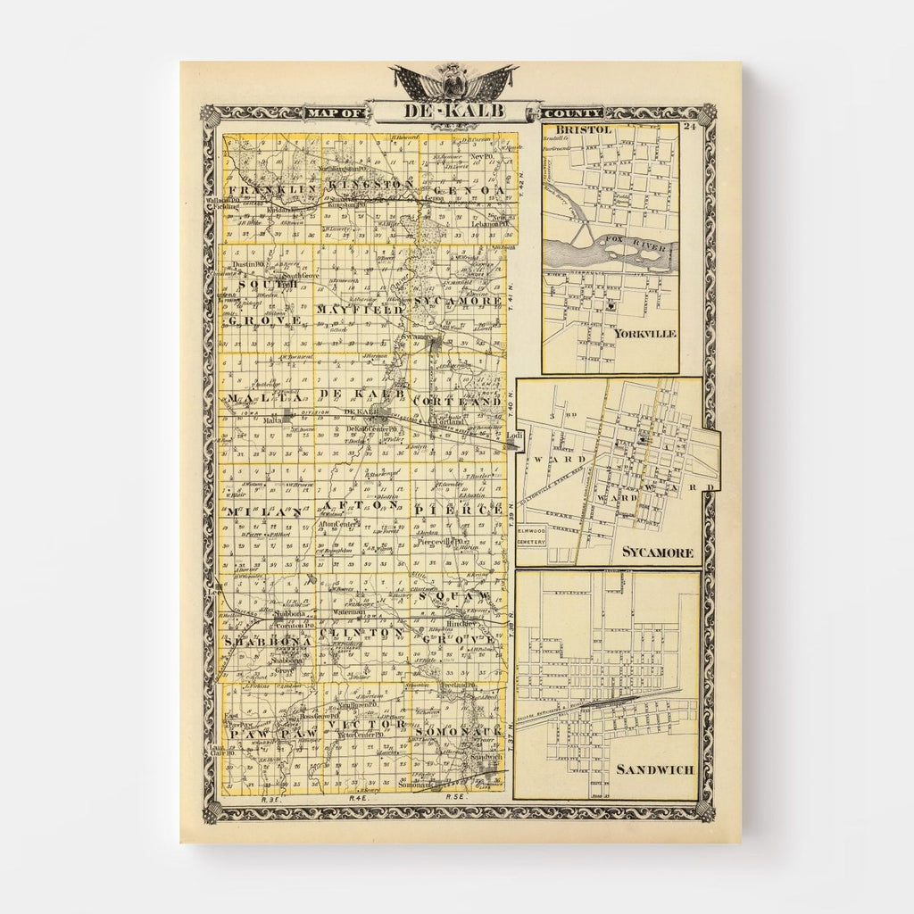 Vintage Map of Dekalb County, Illinois 1876