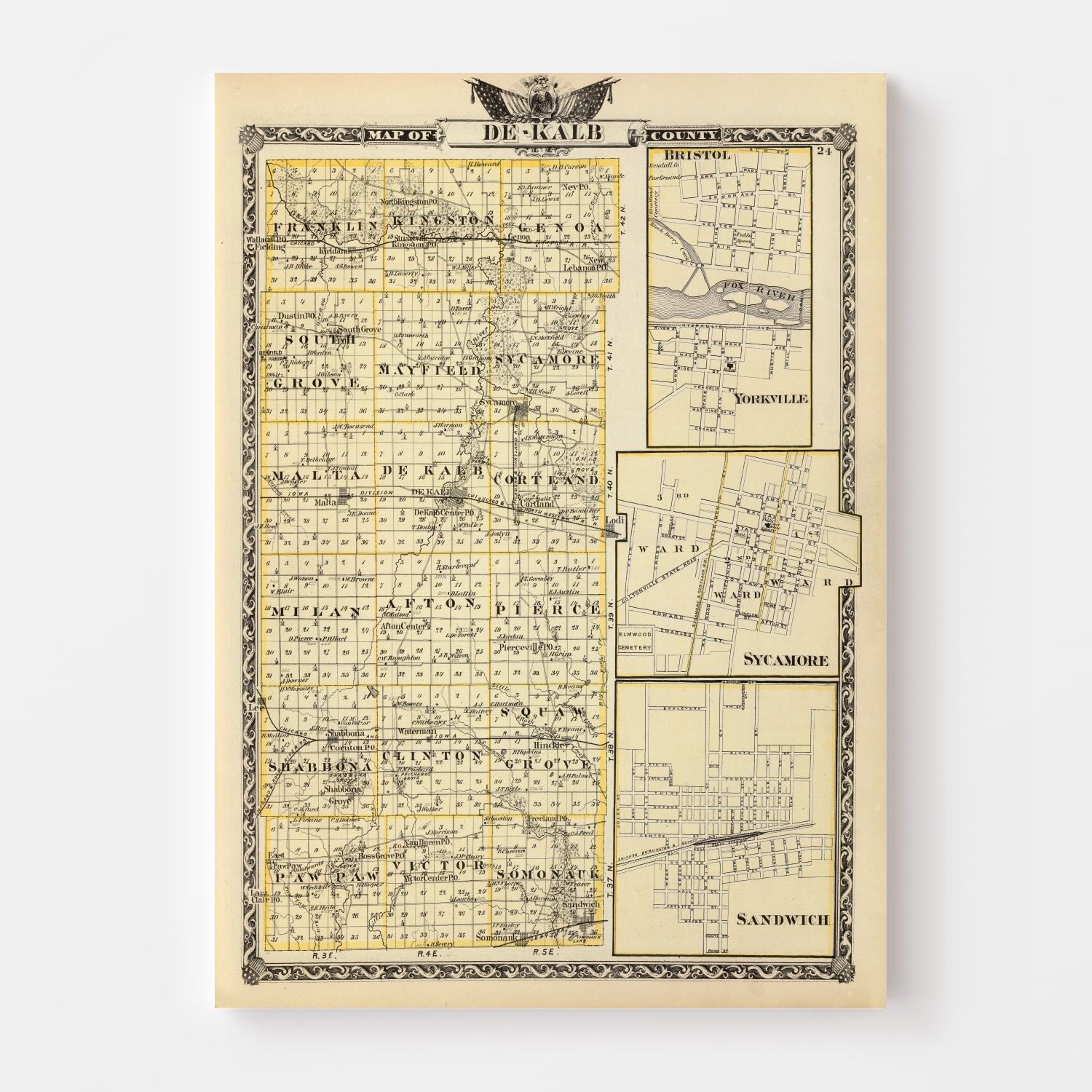 Vintage Map of Dekalb County, Illinois 1876