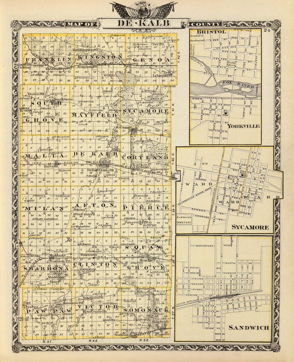 Vintage Map of Dekalb County, Illinois 1876