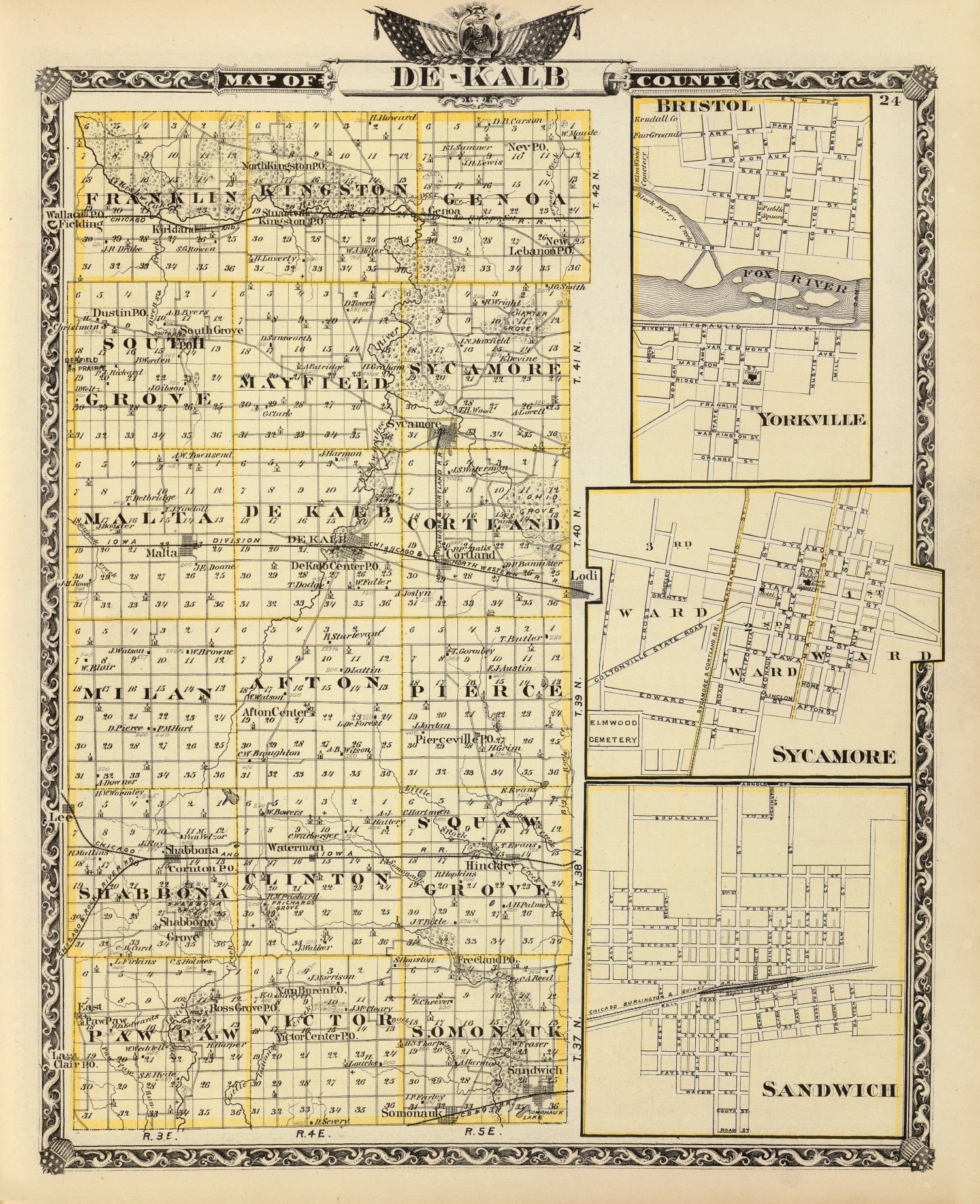 Vintage Map of Dekalb County, Illinois 1876
