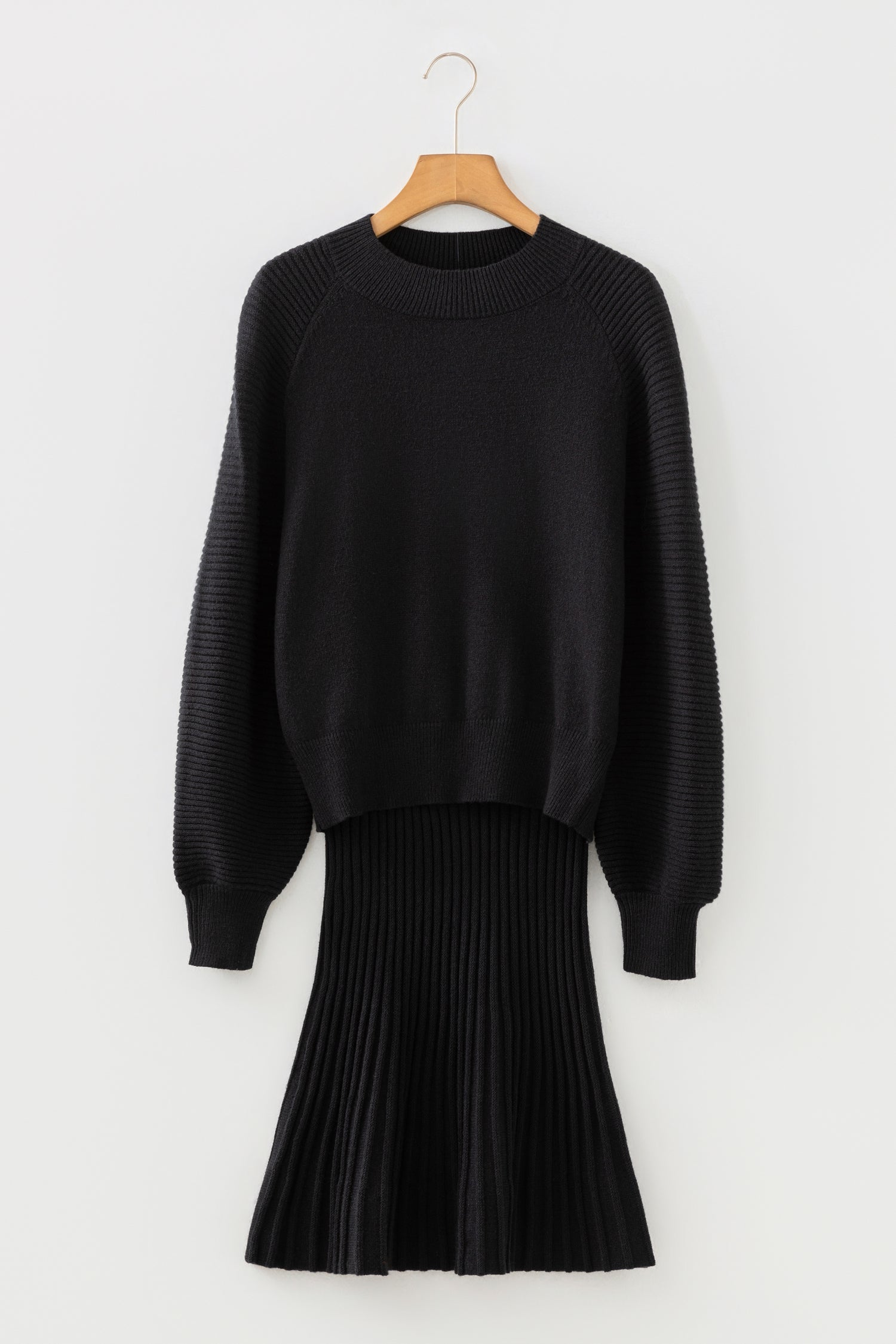 Solid High Neck Sweater and Pleated Mini Skirt Set