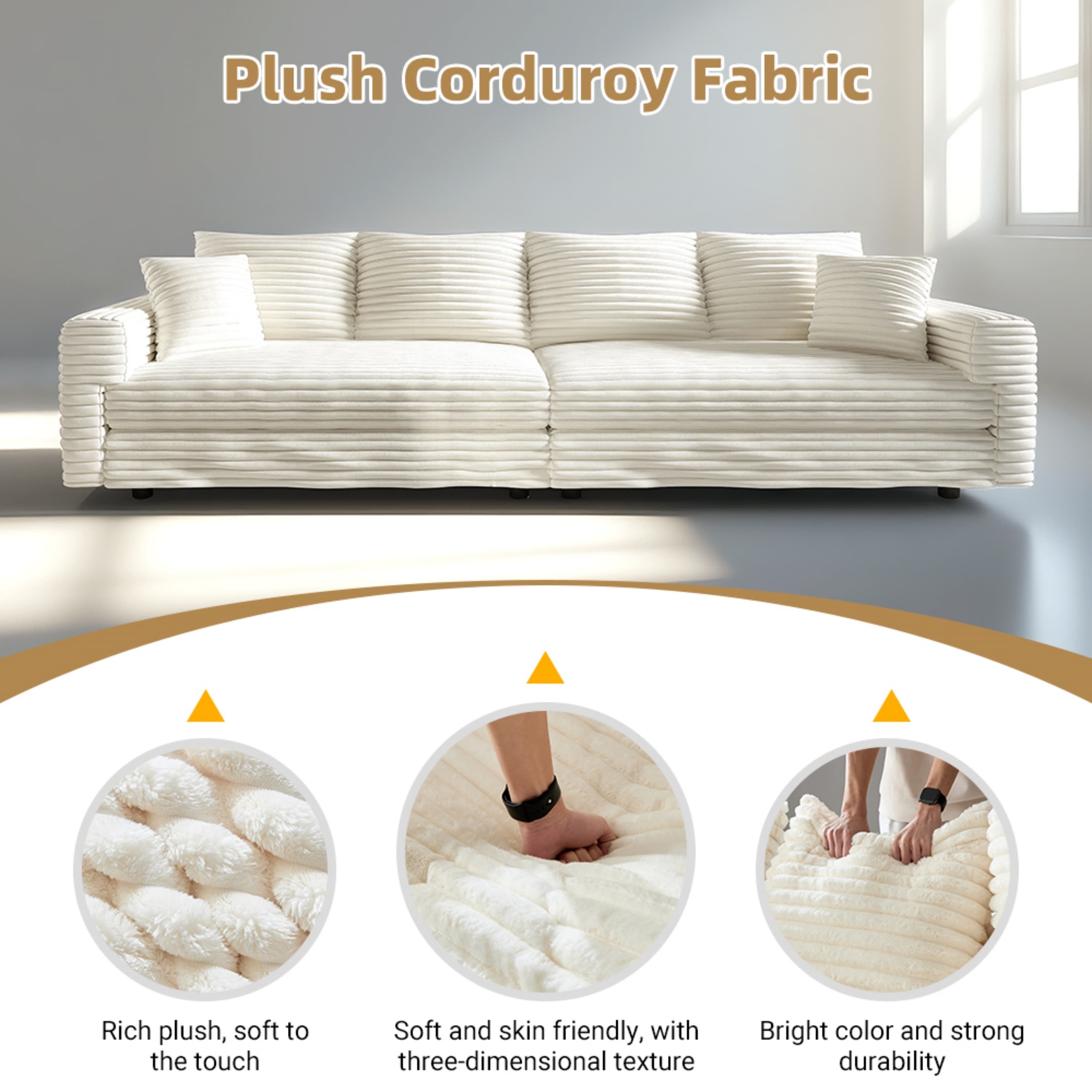 82.7 ' Plush Corduroy 3-Seat Sofa, Modern Comfy Upholstered Sofa Cloud Couch, Deep Seat Couches with Soft Pillows and 1 Ottomans, Convertible Sofa Lounge Chair, for Living Room,Apartment,Office,Beige