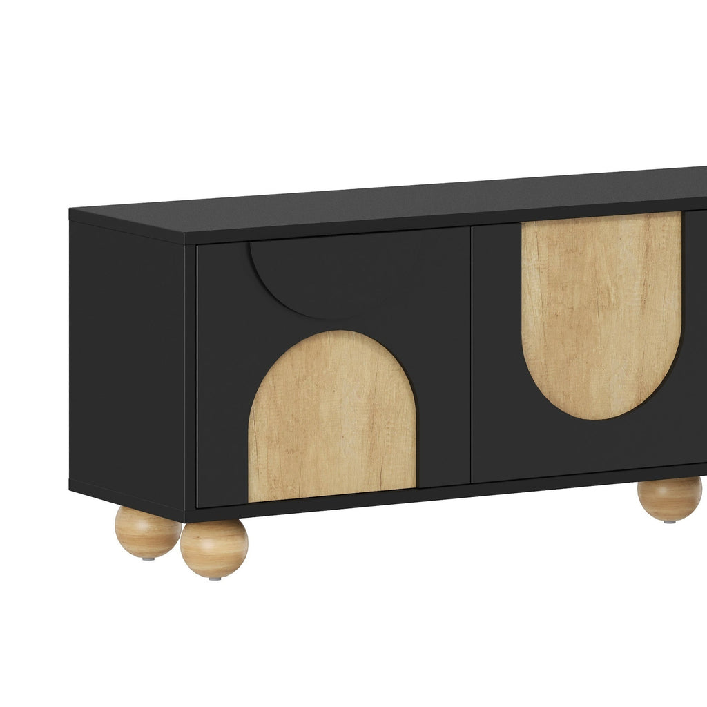 Farmhouse TV Stand with Cable Holes for TVs up to 75', Cream Style Media Console with Rebound Device, Elegant Entertainment Center with 5 Solid Wood Legs for Living Room, Bedroom, Black, 69.6'W