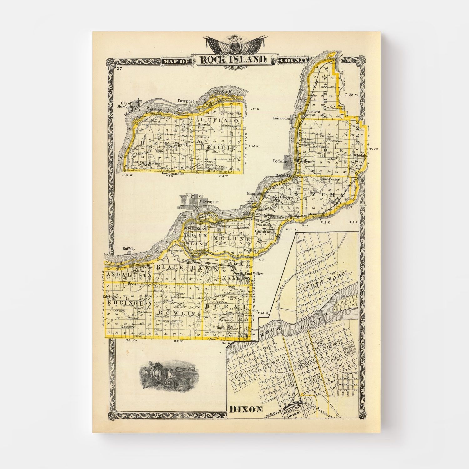 Vintage Map of Rock Island County, Illinois 1876