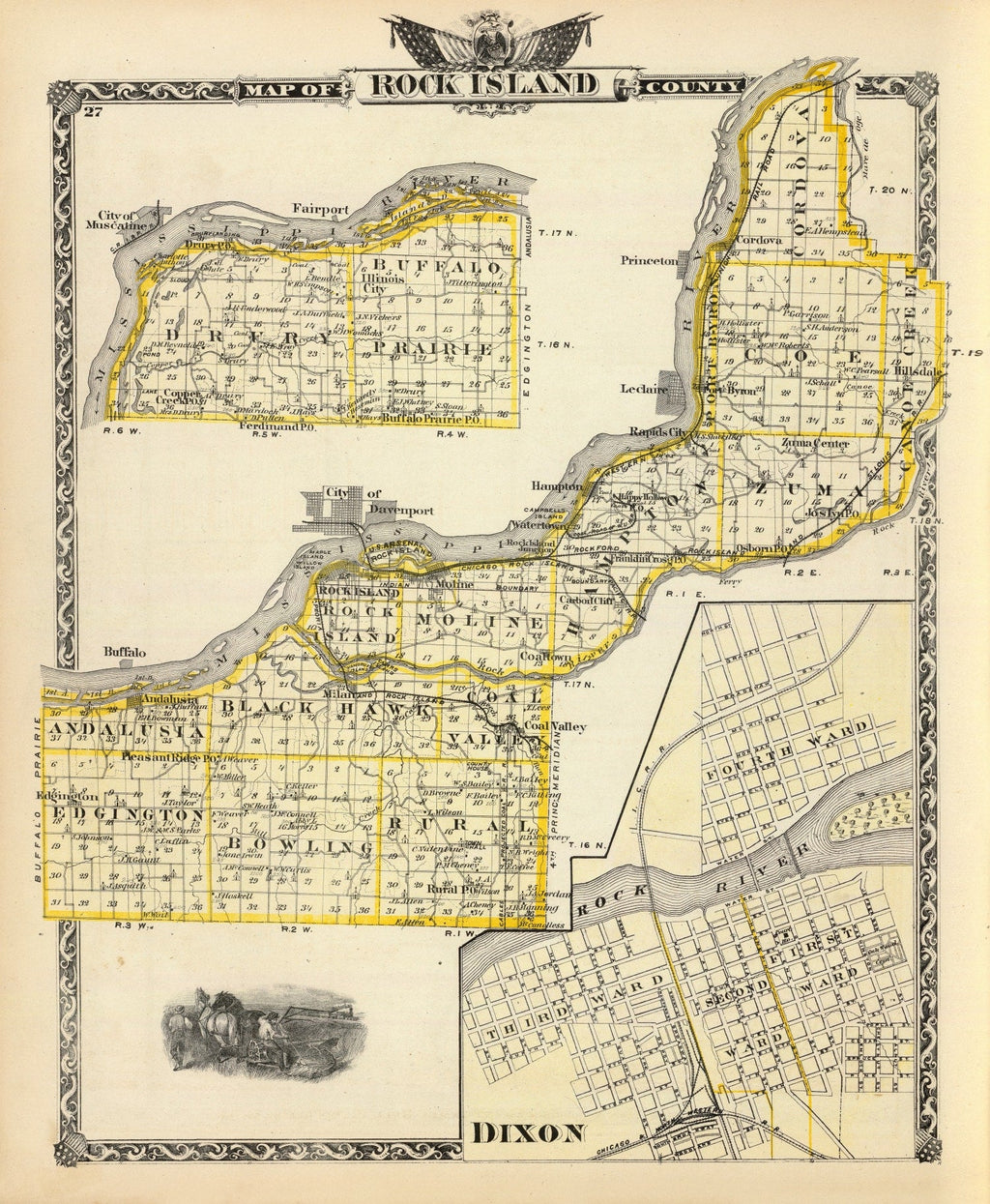 Vintage Map of Rock Island County, Illinois 1876