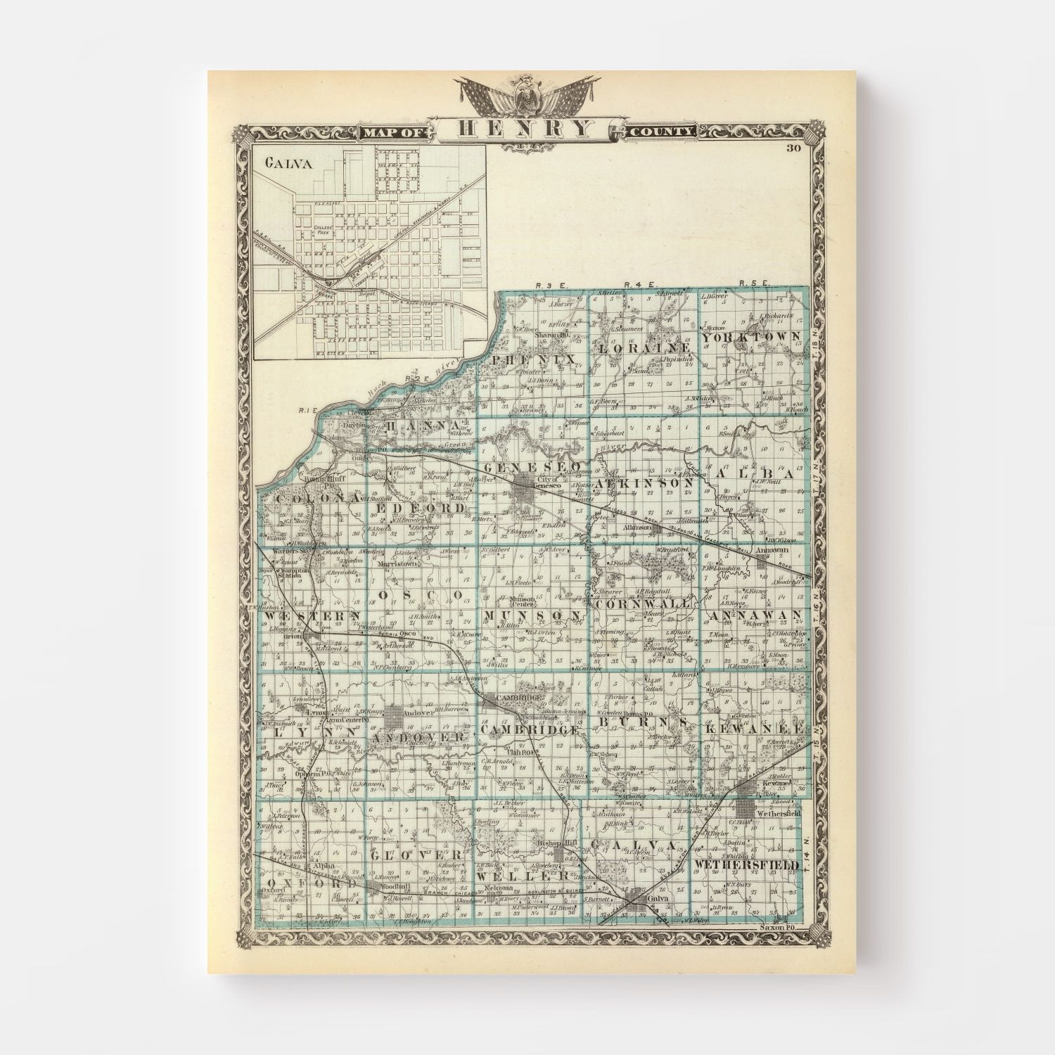 Vintage Map of Henry County, Illinois 1876