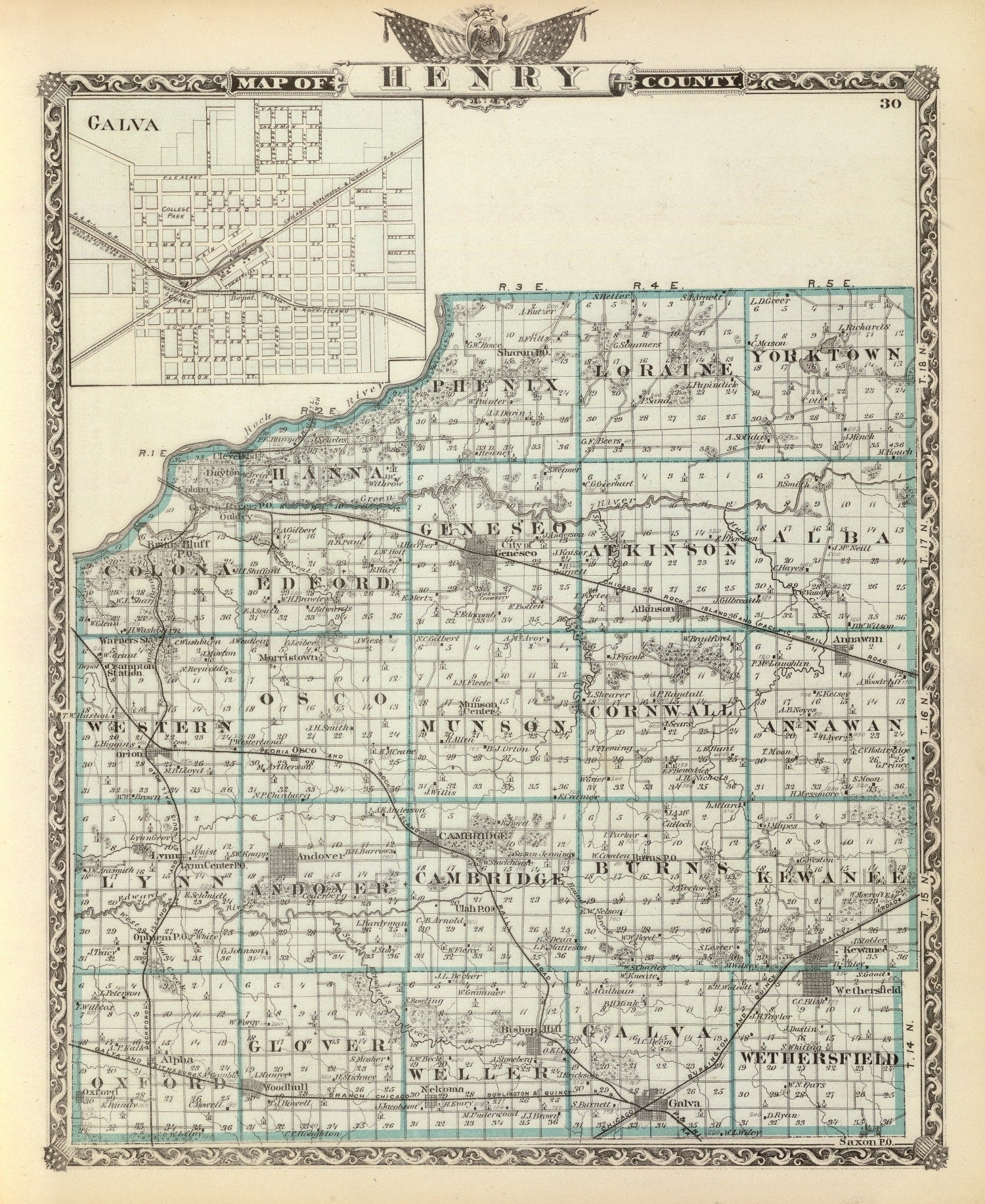 Vintage Map of Henry County, Illinois 1876