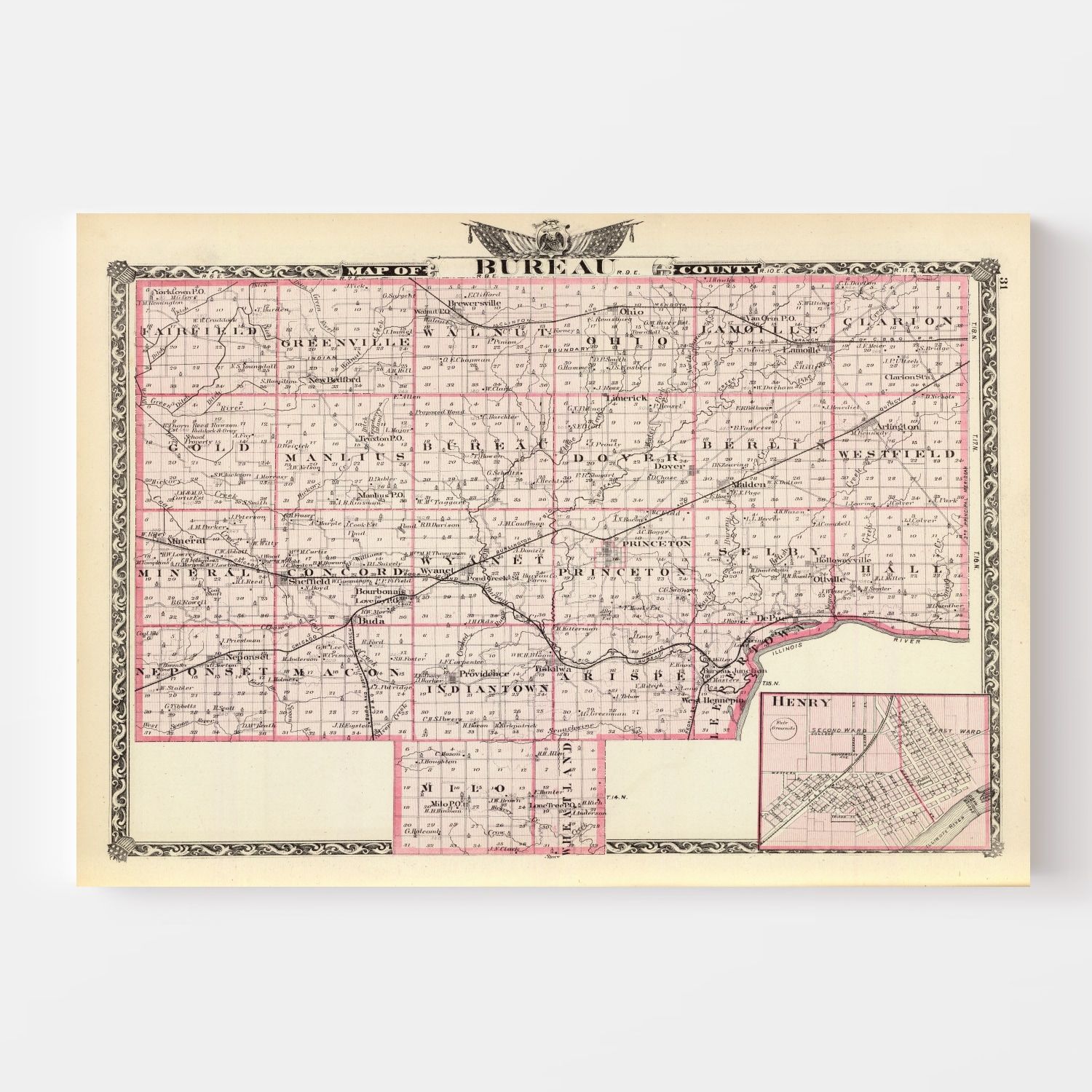 Vintage Map of Bureau County, Illinois 1876