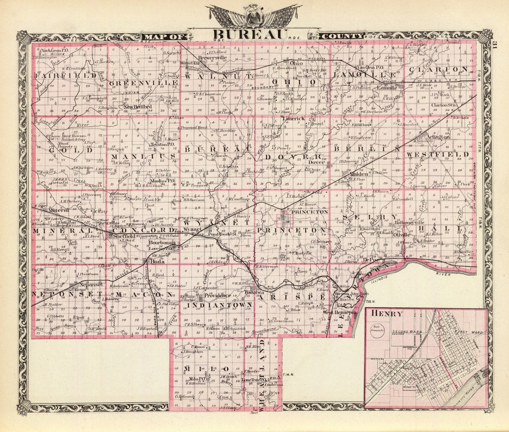 Vintage Map of Bureau County, Illinois 1876
