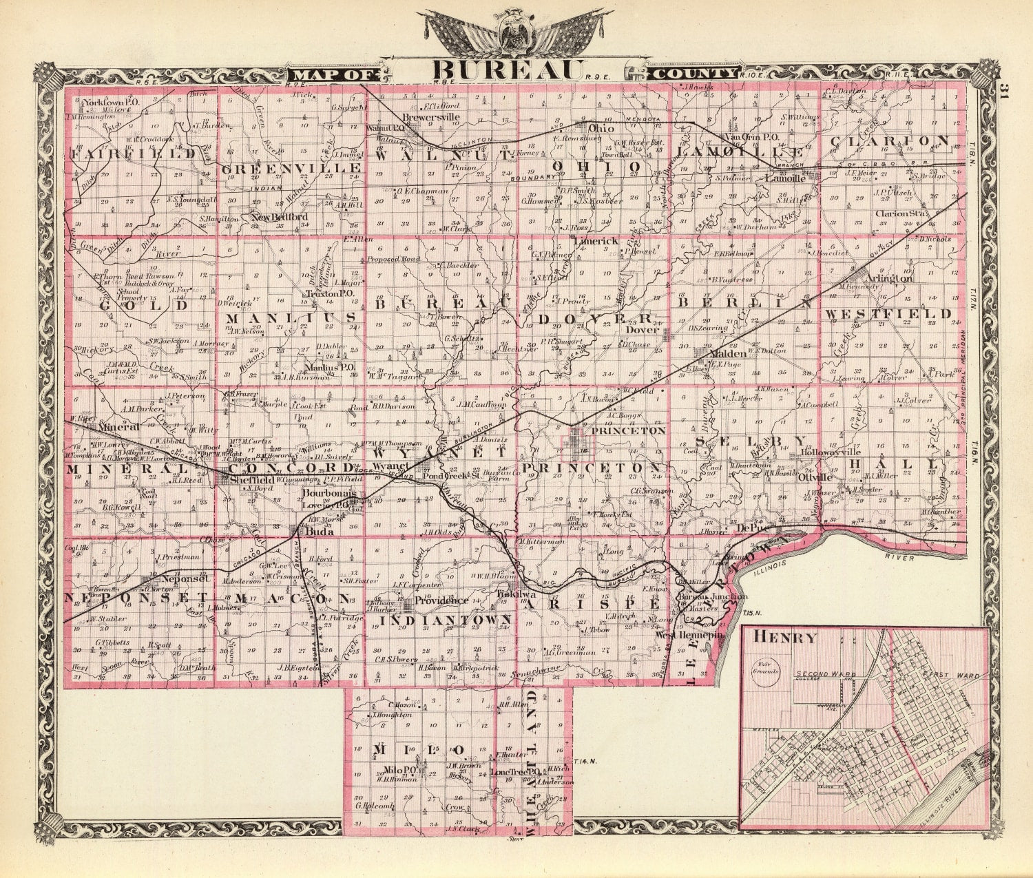 Vintage Map of Bureau County, Illinois 1876