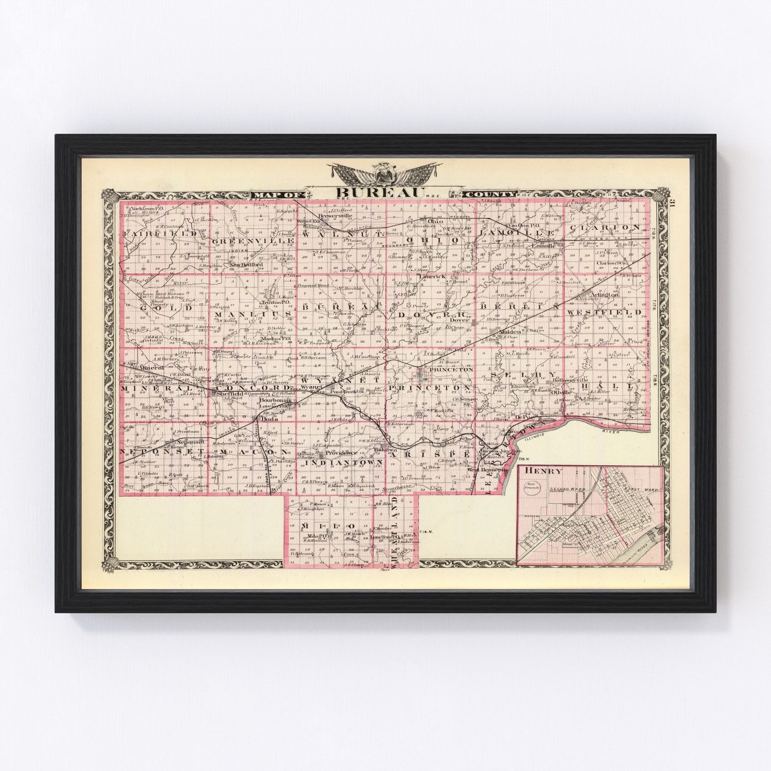 Vintage Map of Bureau County, Illinois 1876