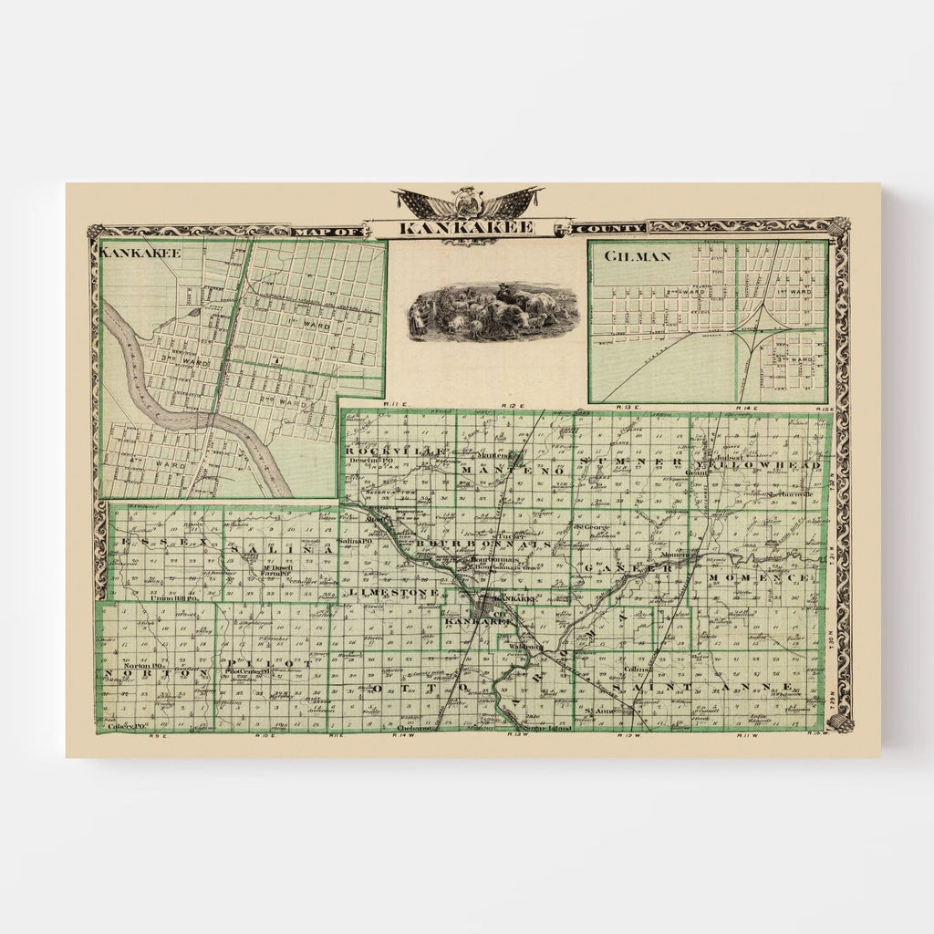Vintage Map of Kankakee County, Illinois 1876